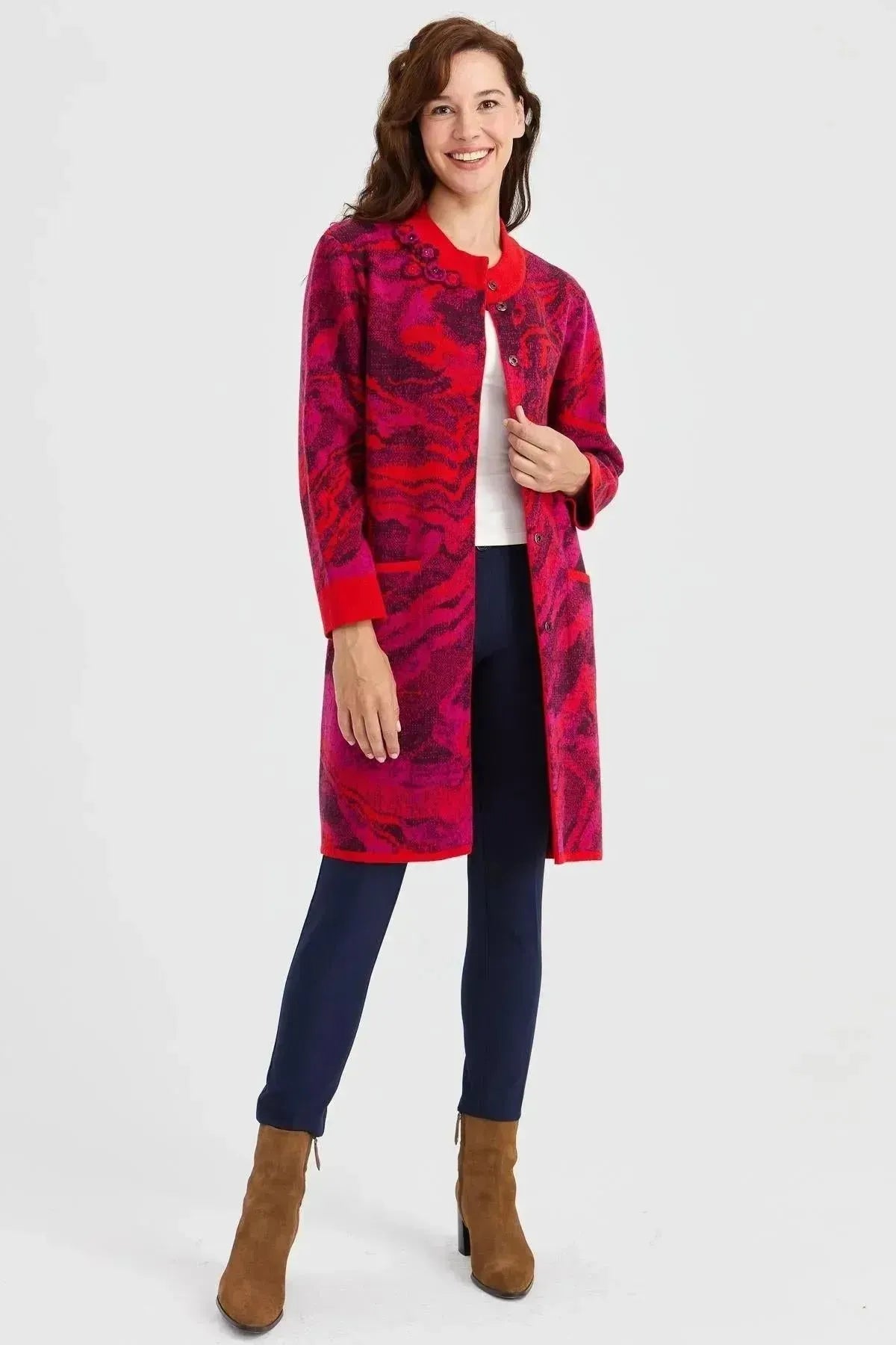 Women's Stand Collar Colorful Wave Patterned Long Wool Coat
