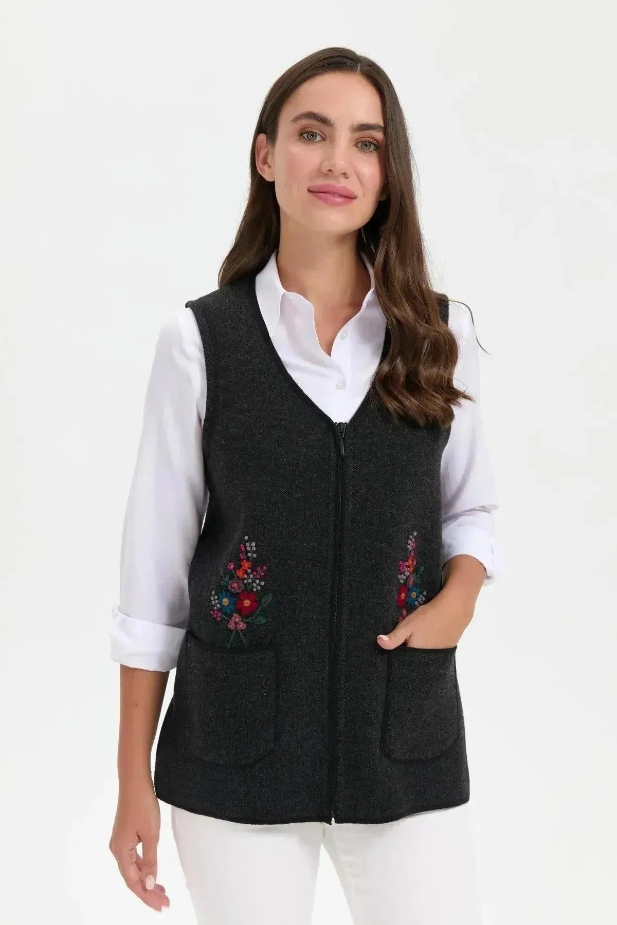 Women's V Neck Pocket Embroidered Wool Vest