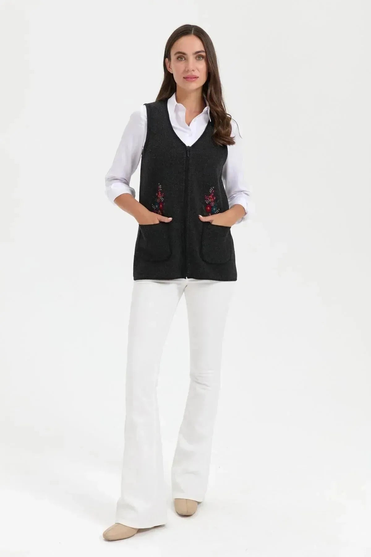 Women's V Neck Pocket Embroidered Wool Vest