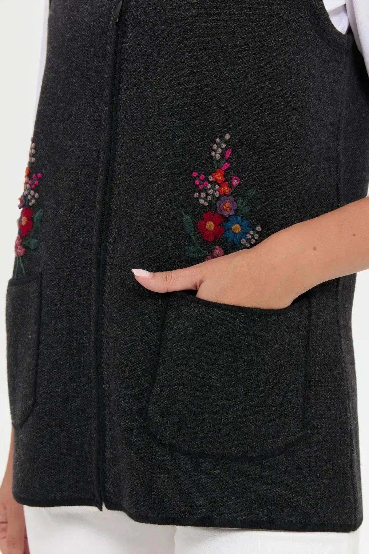Women's V Neck Pocket Embroidered Wool Vest