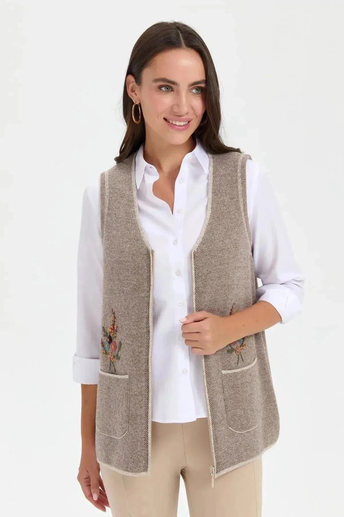 Women's V Neck Pocket Embroidered Wool Vest