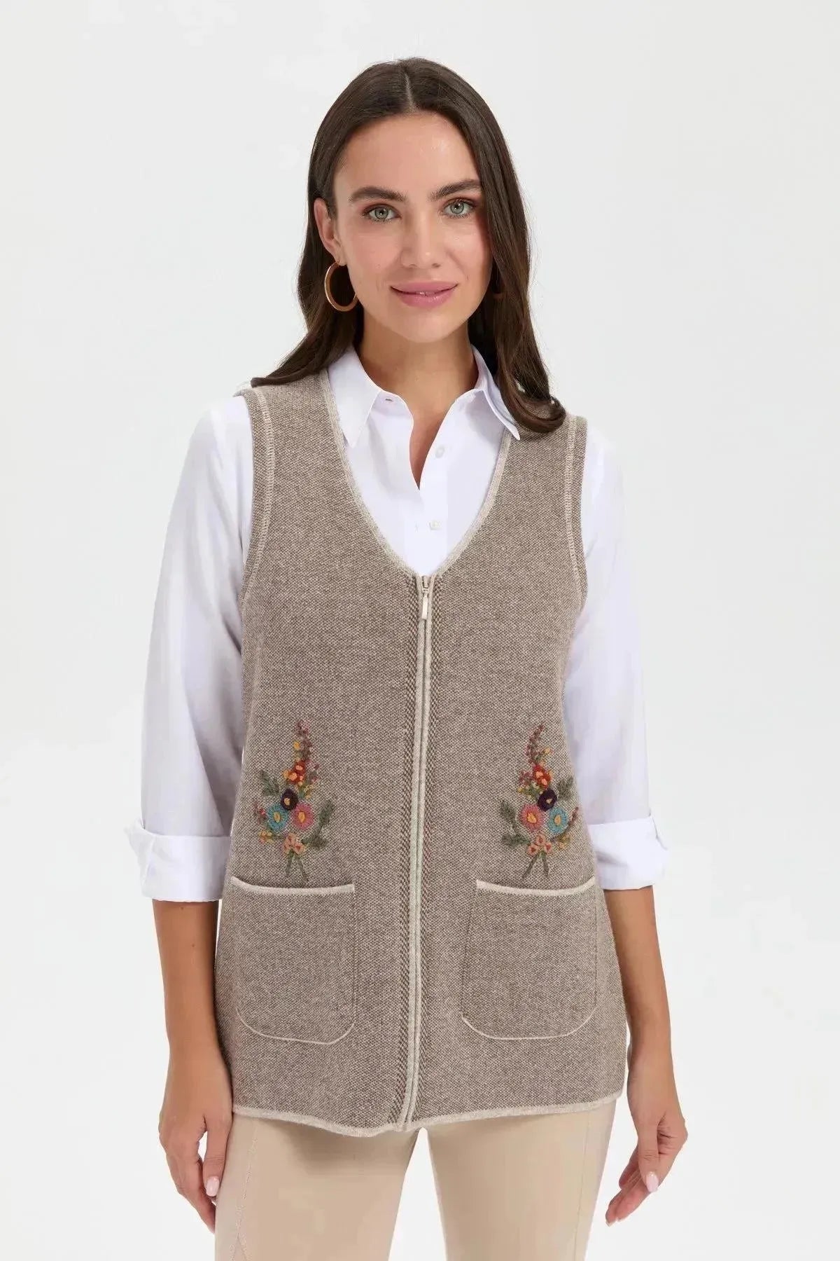 Women's V Neck Pocket Embroidered Wool Vest