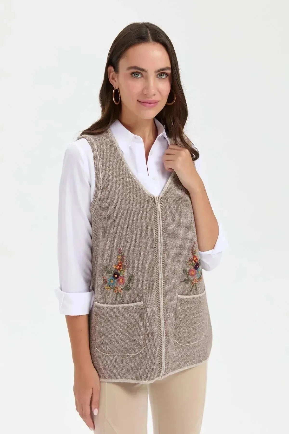 Women's V Neck Pocket Embroidered Wool Vest