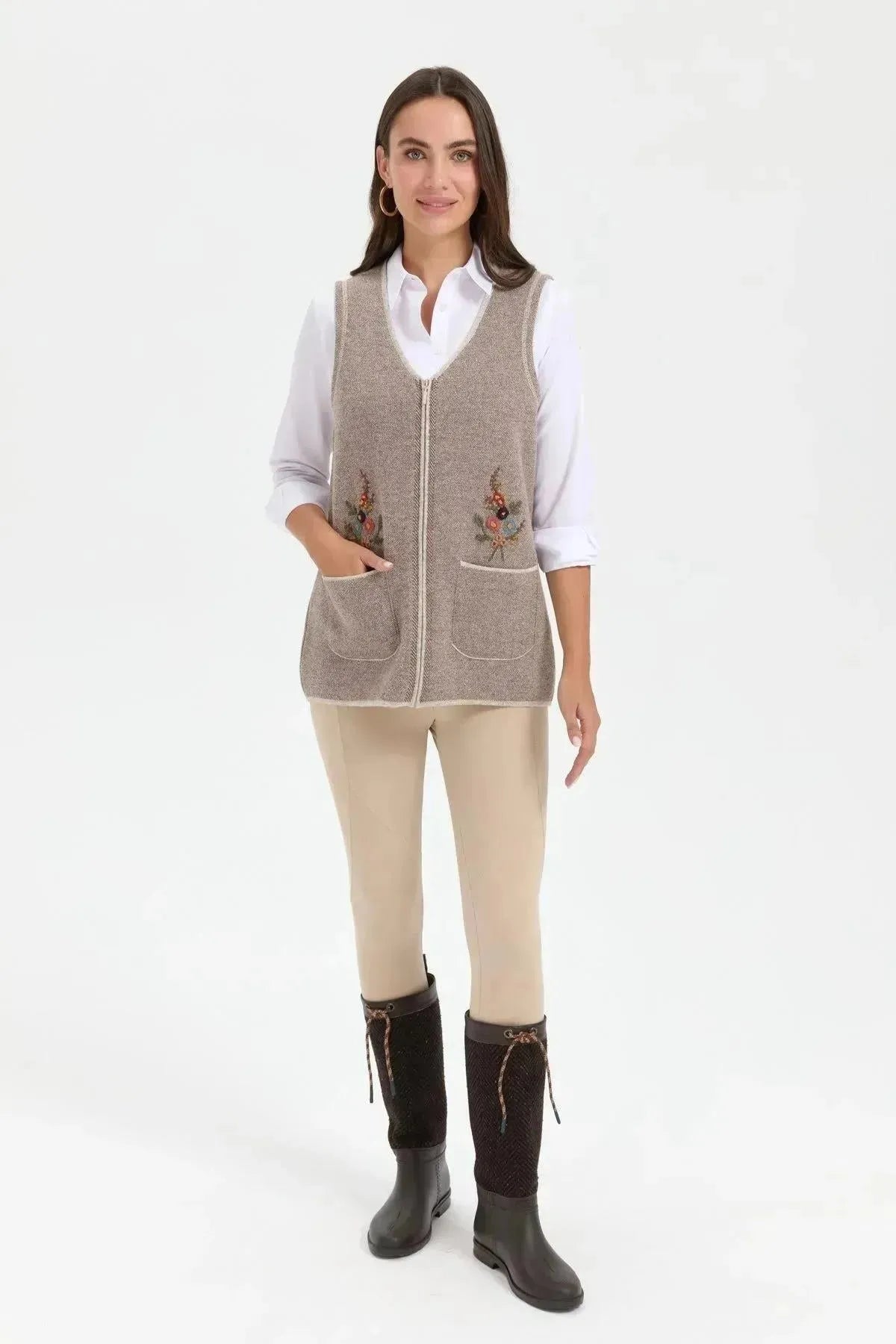 Women's V Neck Pocket Embroidered Wool Vest