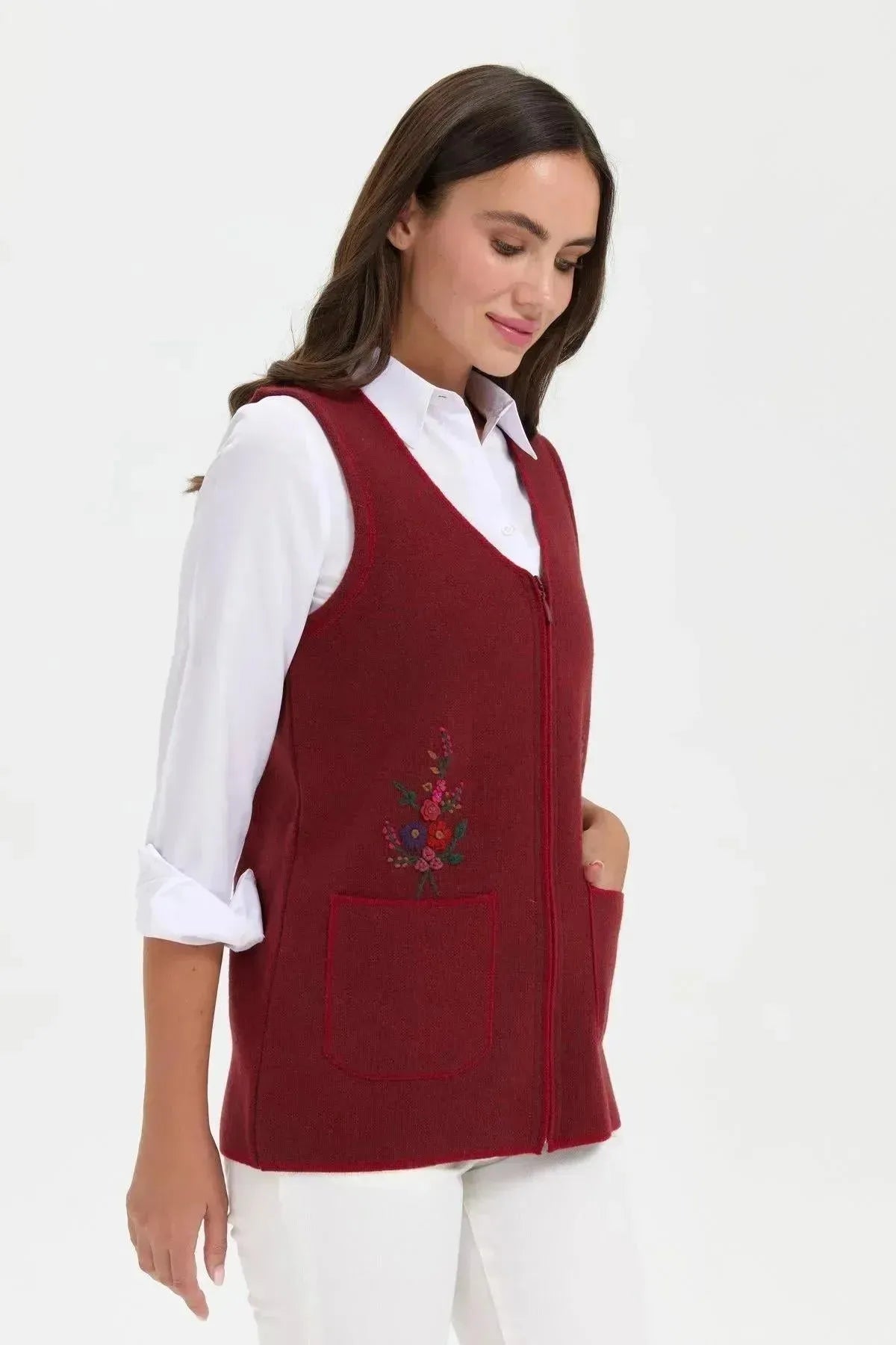 Women's V Neck Pocket Embroidered Wool Vest