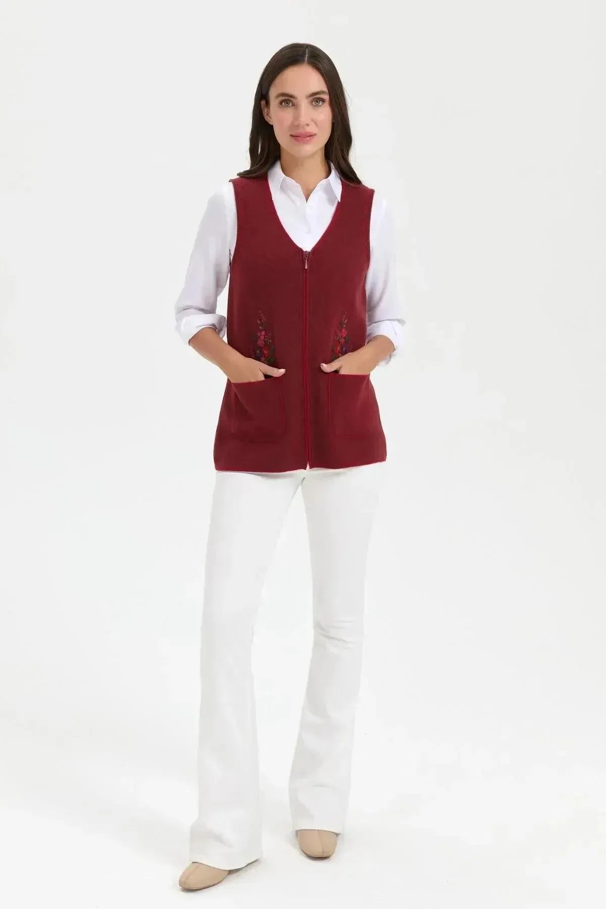 Women's V Neck Pocket Embroidered Wool Vest