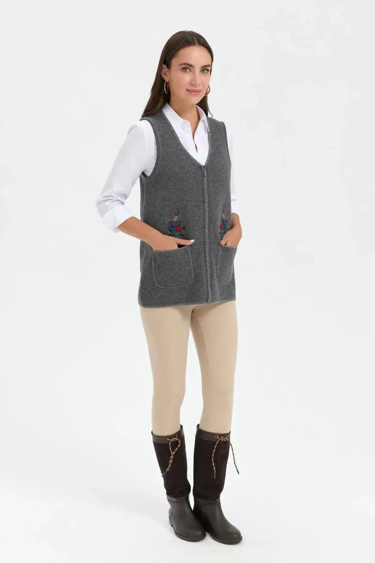 Women's V Neck Pocket Embroidered Wool Vest