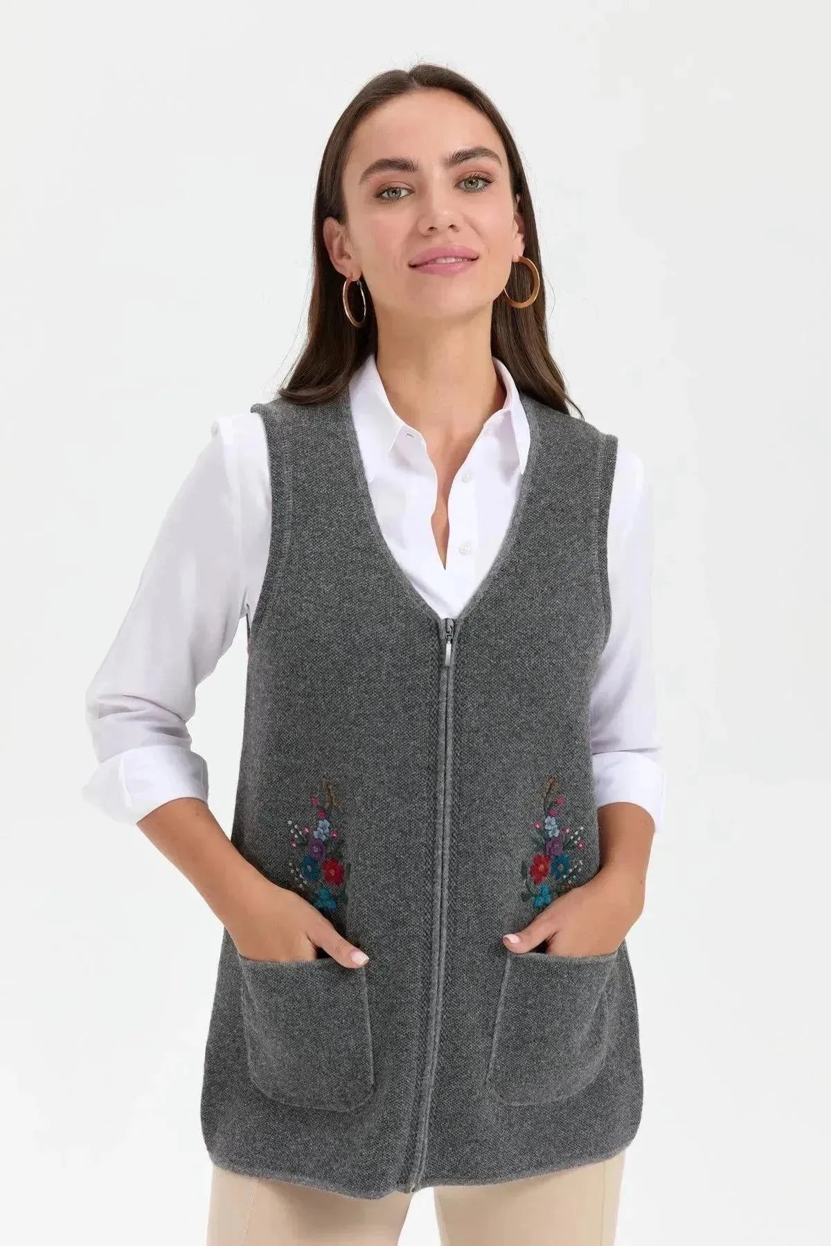 Women's V Neck Pocket Embroidered Wool Vest