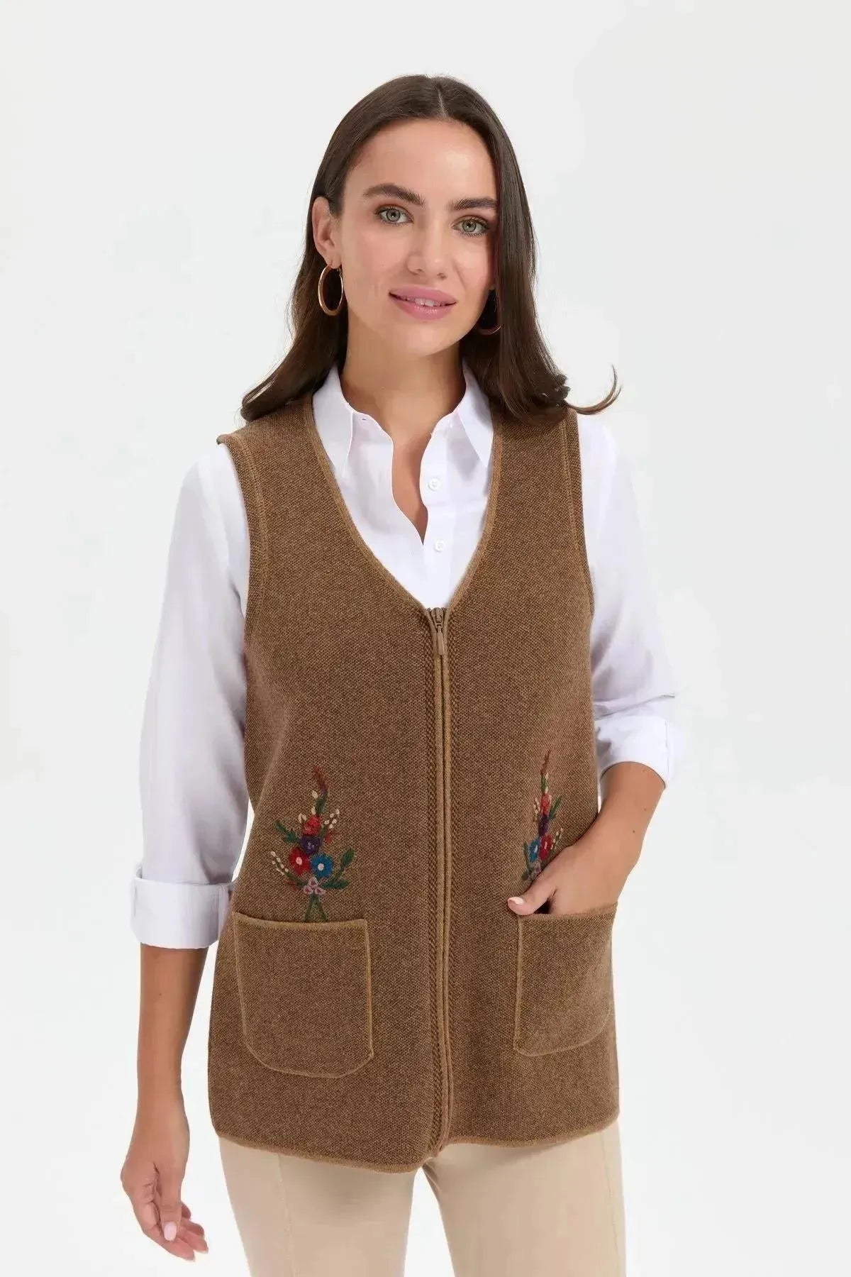 Women's V Neck Pocket Embroidered Wool Vest