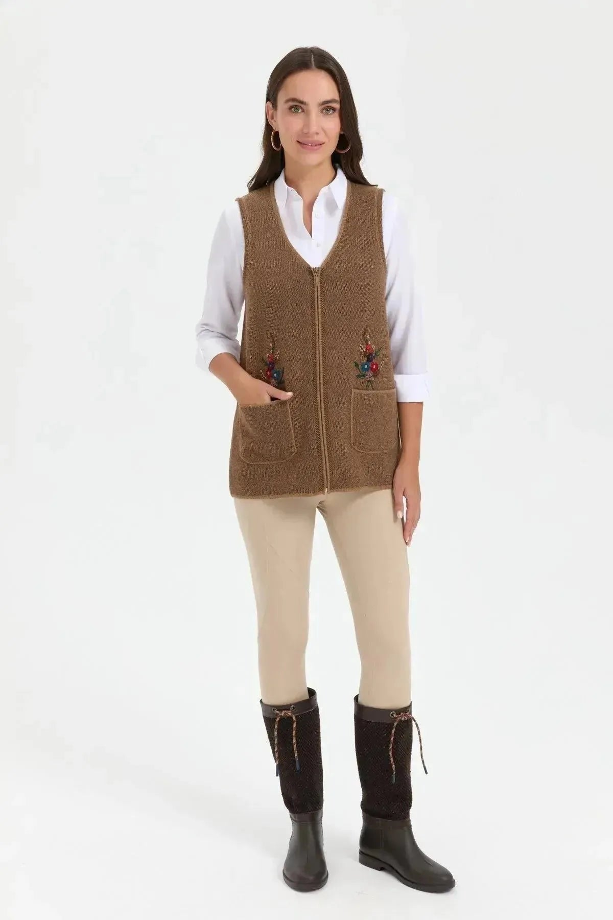 Women's V Neck Pocket Embroidered Wool Vest