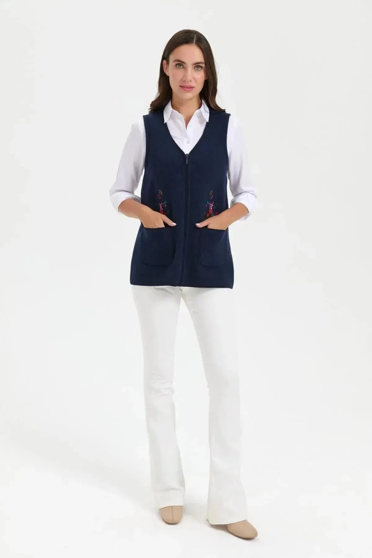 Women's V Neck Pocket Embroidered Wool Vest