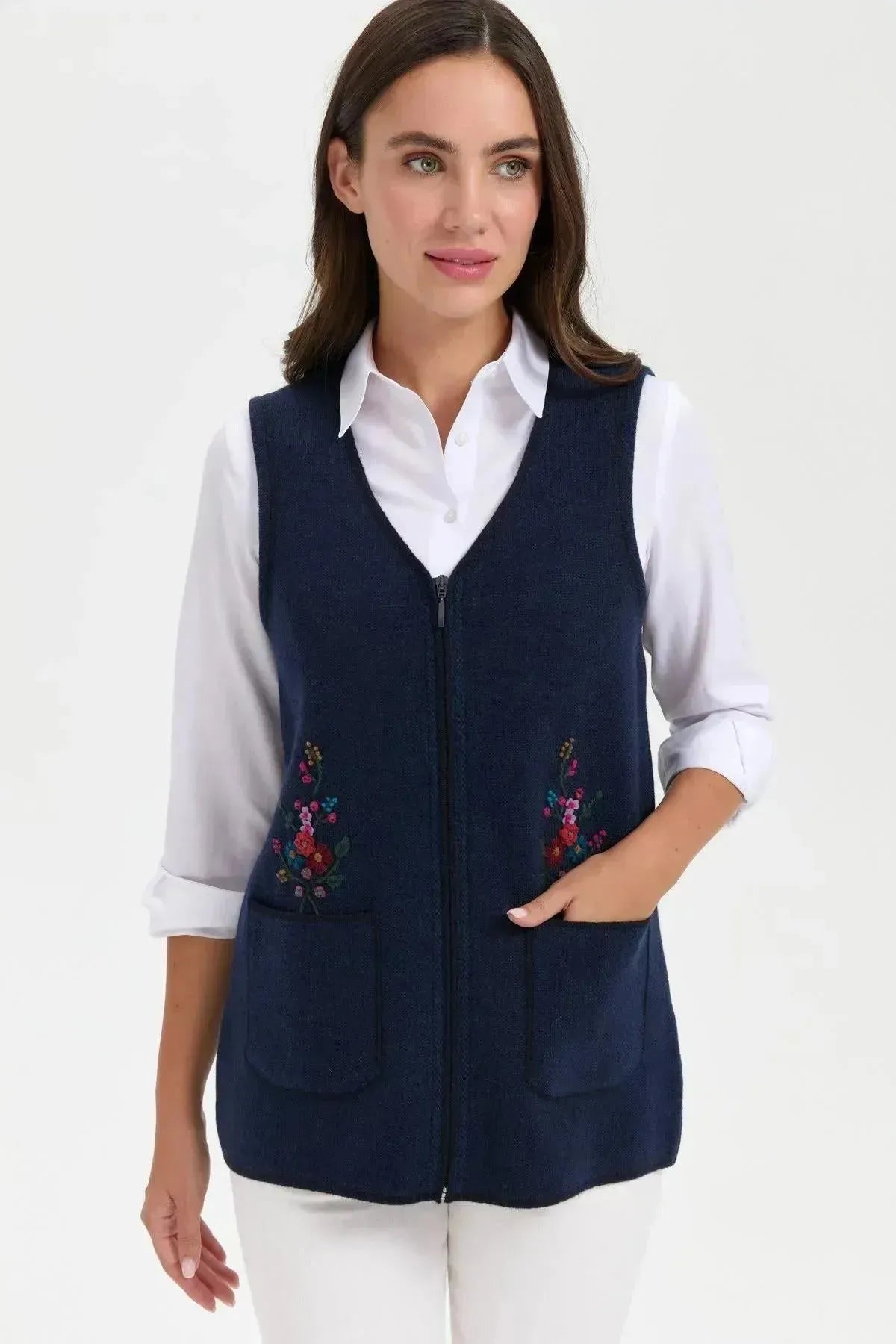 Women's V Neck Pocket Embroidered Wool Vest