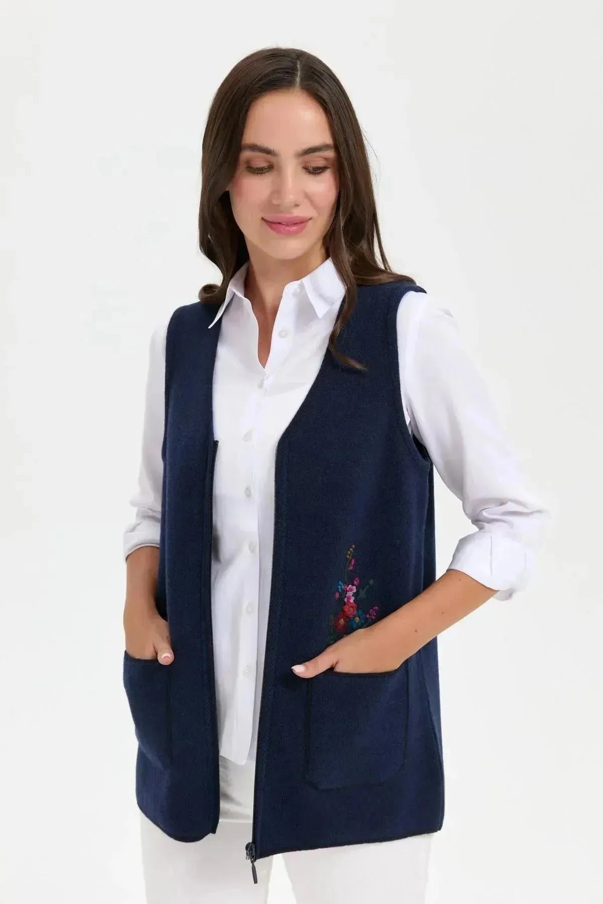 Women's V Neck Pocket Embroidered Wool Vest