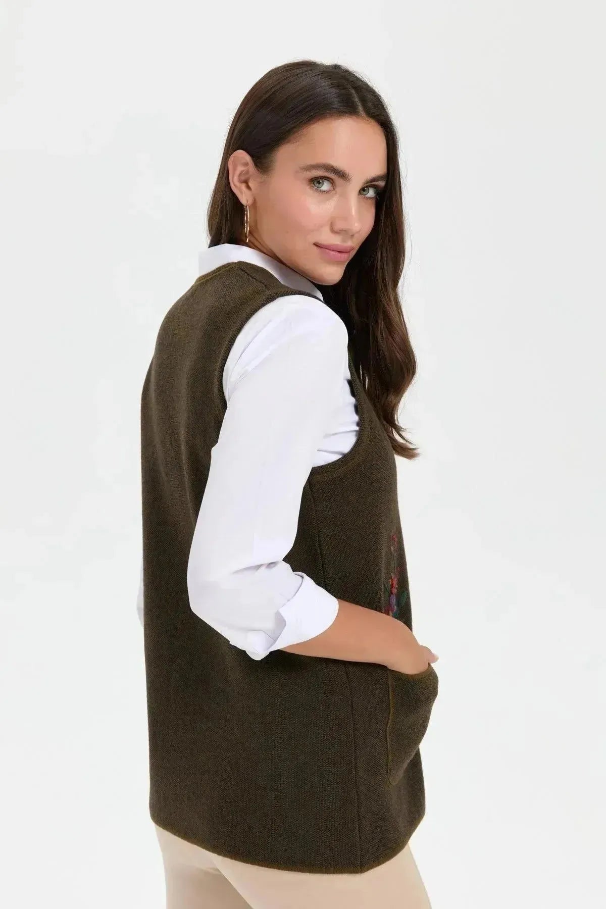 Women's V Neck Pocket Embroidered Wool Vest