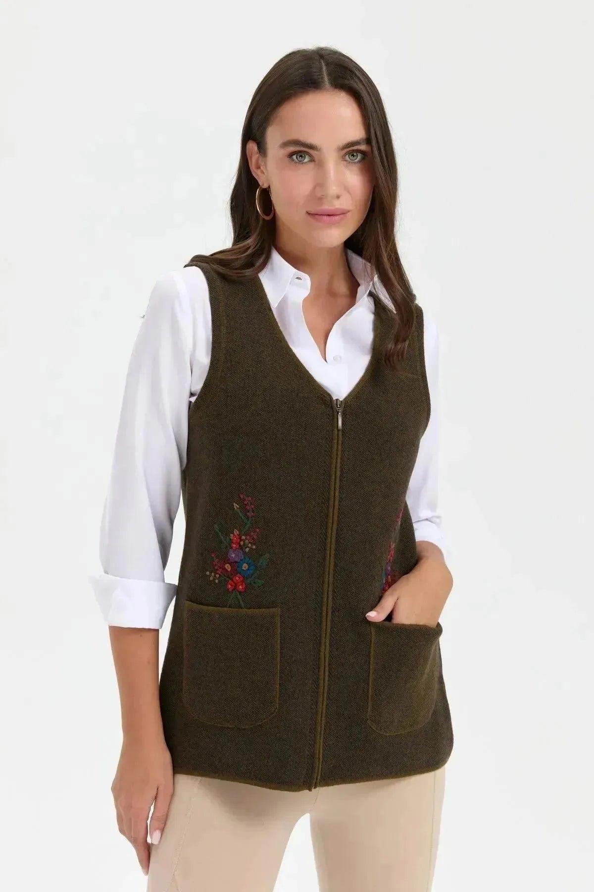 Women's V Neck Pocket Embroidered Wool Vest