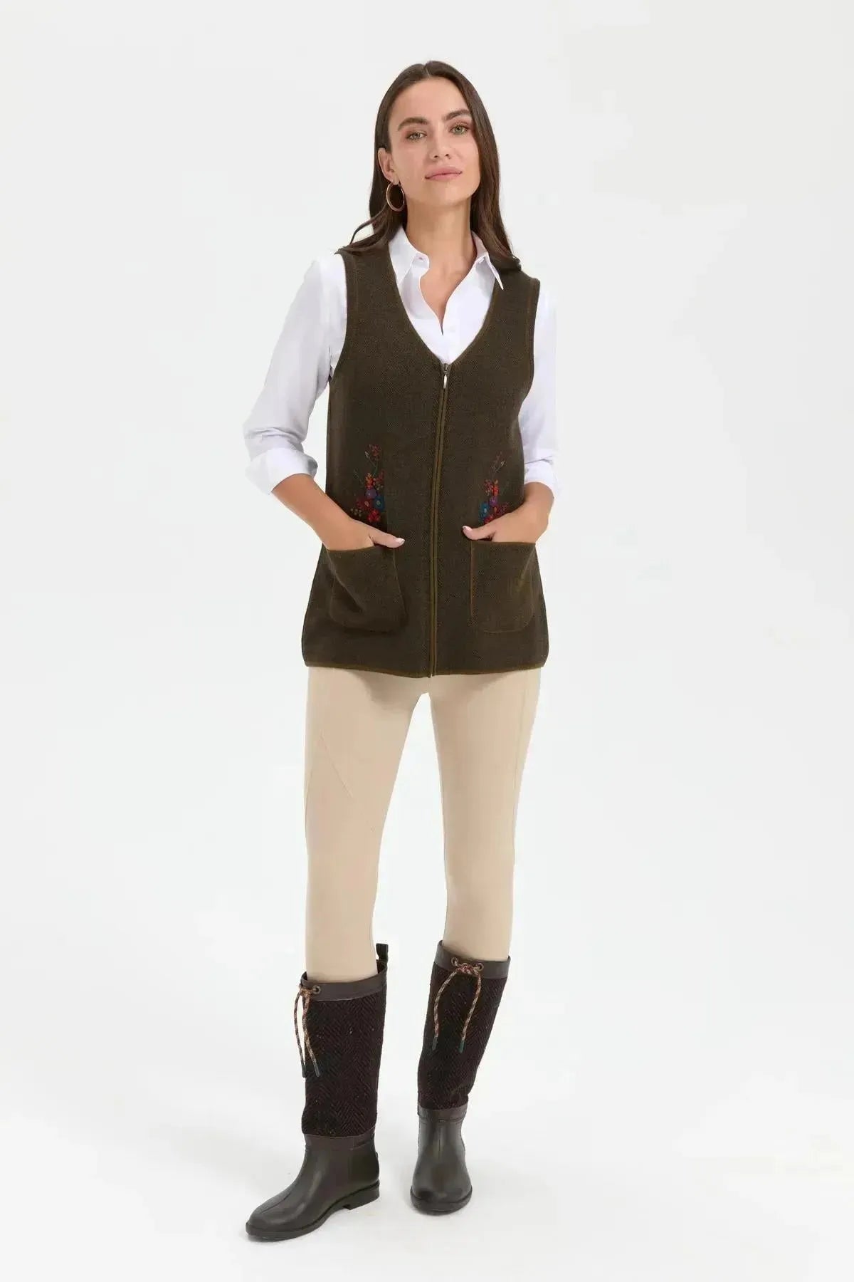 Women's V Neck Pocket Embroidered Wool Vest
