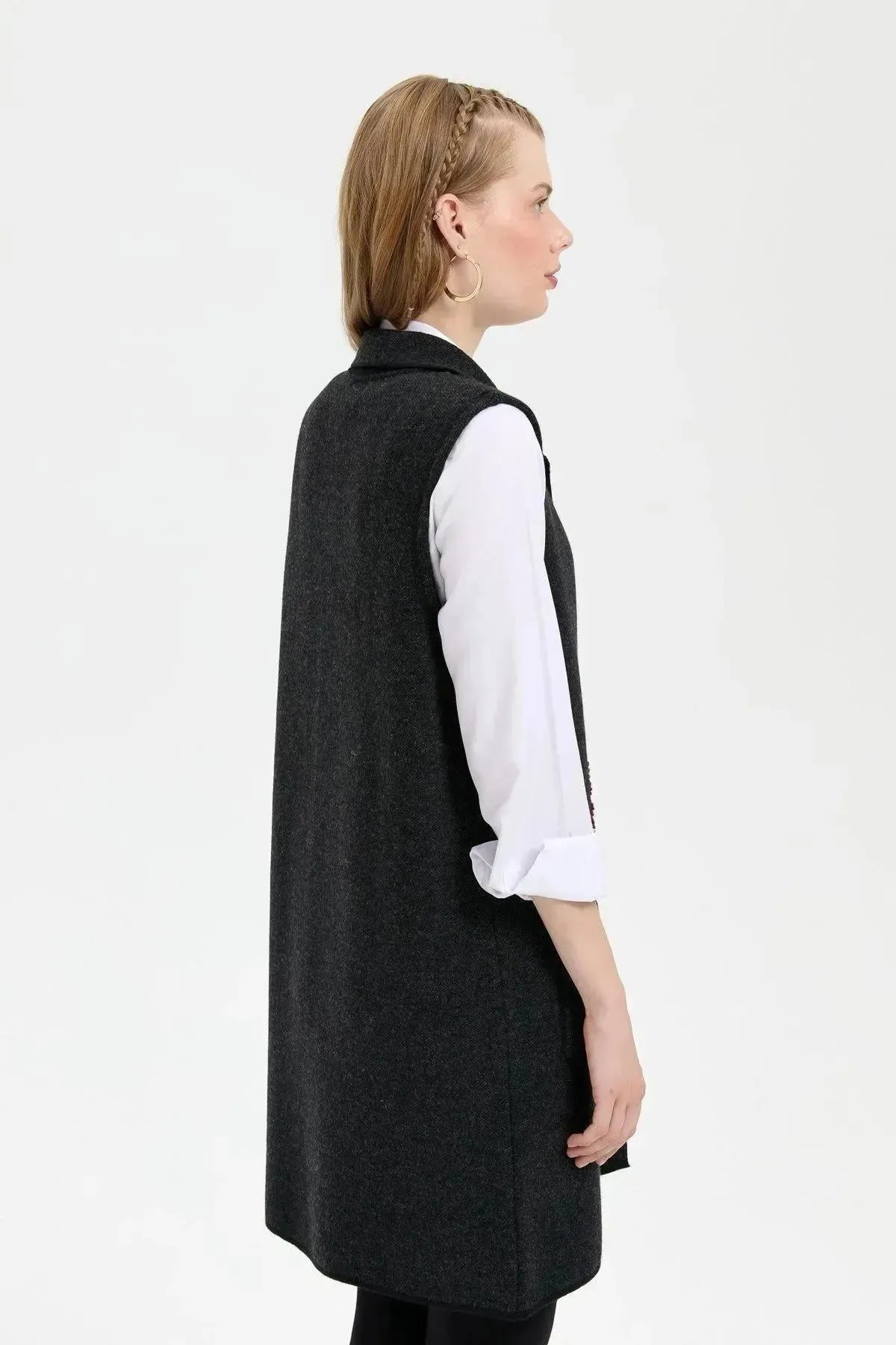 Women's Polo Collar Open Front Embroidered Long Wool Vest