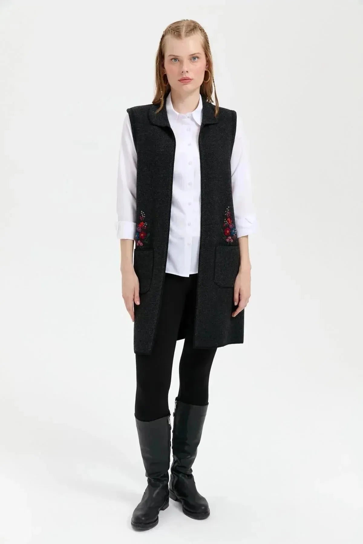 Women's Polo Collar Open Front Embroidered Long Wool Vest