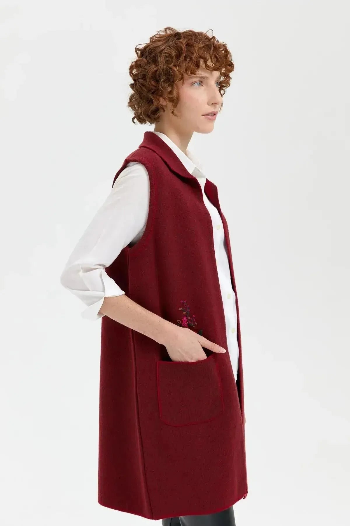 Women's Polo Collar Open Front Embroidered Long Wool Vest