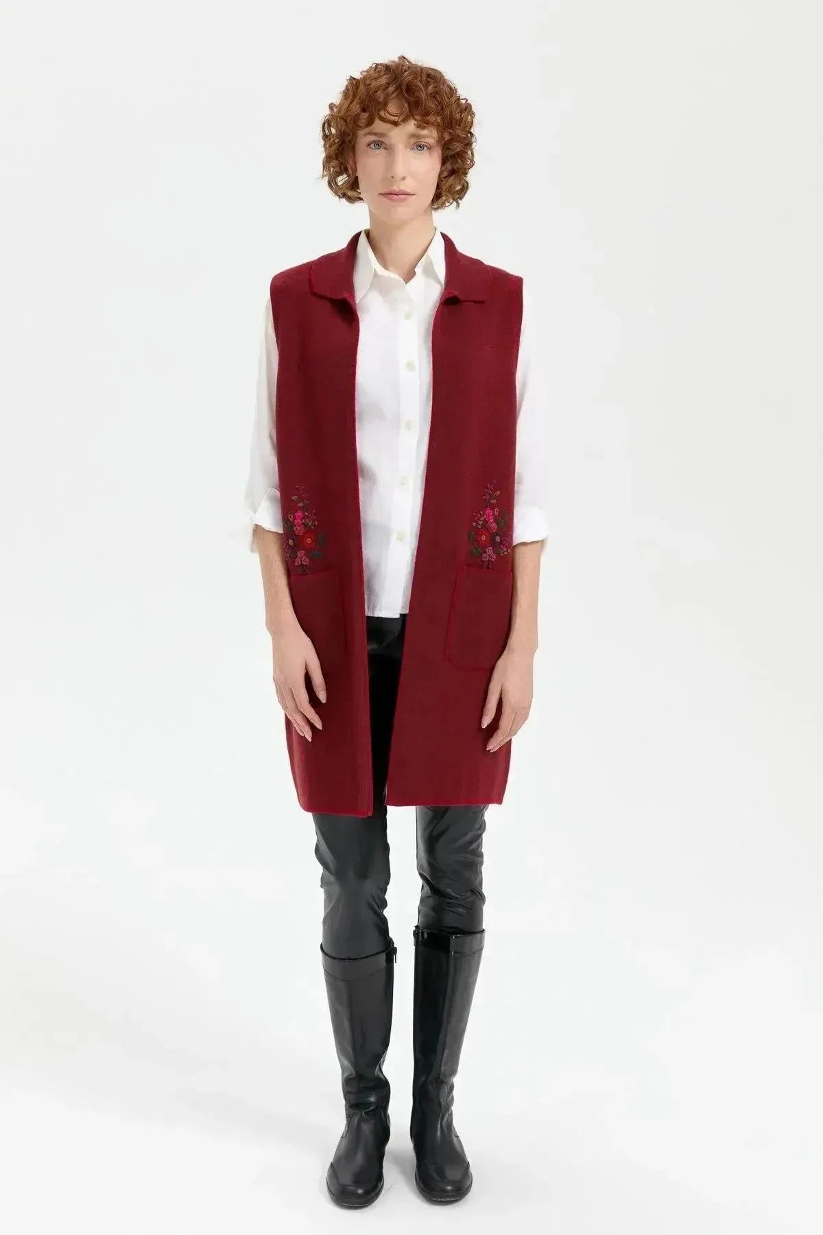 Women's Polo Collar Open Front Embroidered Long Wool Vest