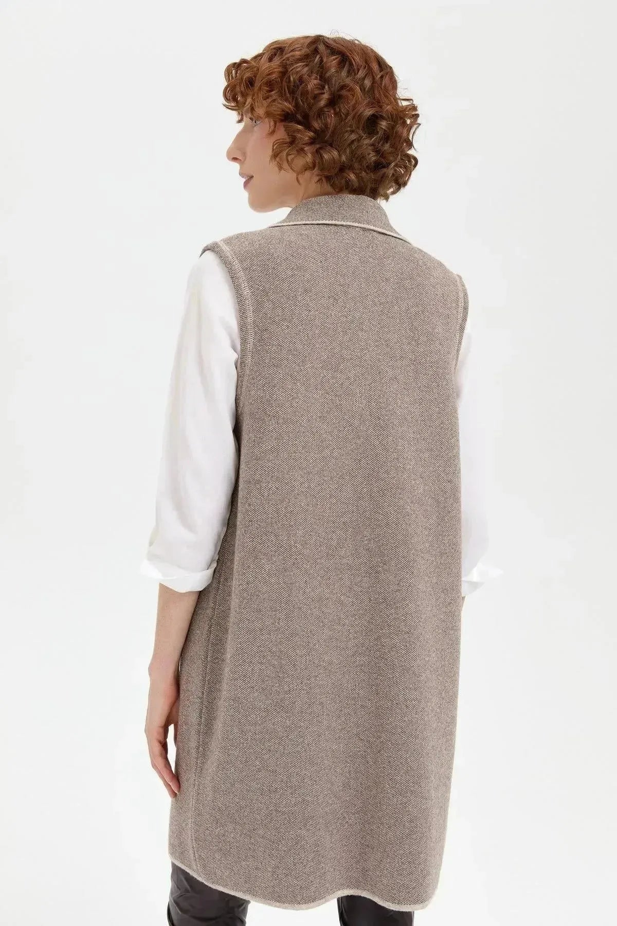 Women's Polo Collar Open Front Embroidered Long Wool Vest