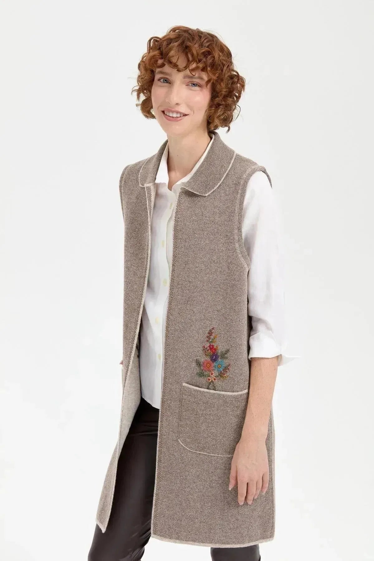 Women's Polo Collar Open Front Embroidered Long Wool Vest