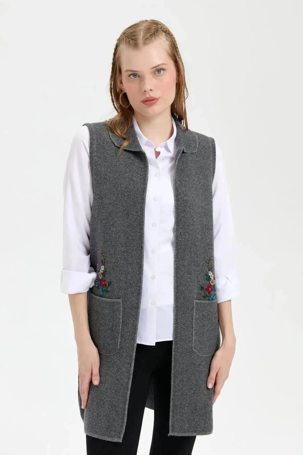 Women's Polo Collar Open Front Embroidered Long Wool Vest