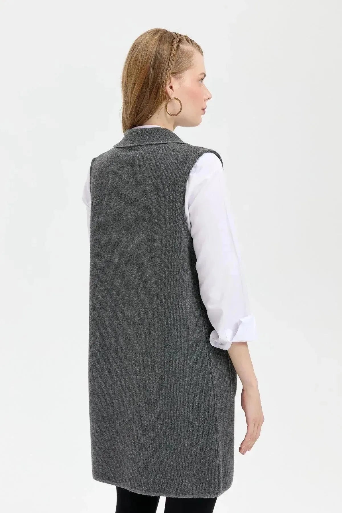 Women's Polo Collar Open Front Embroidered Long Wool Vest