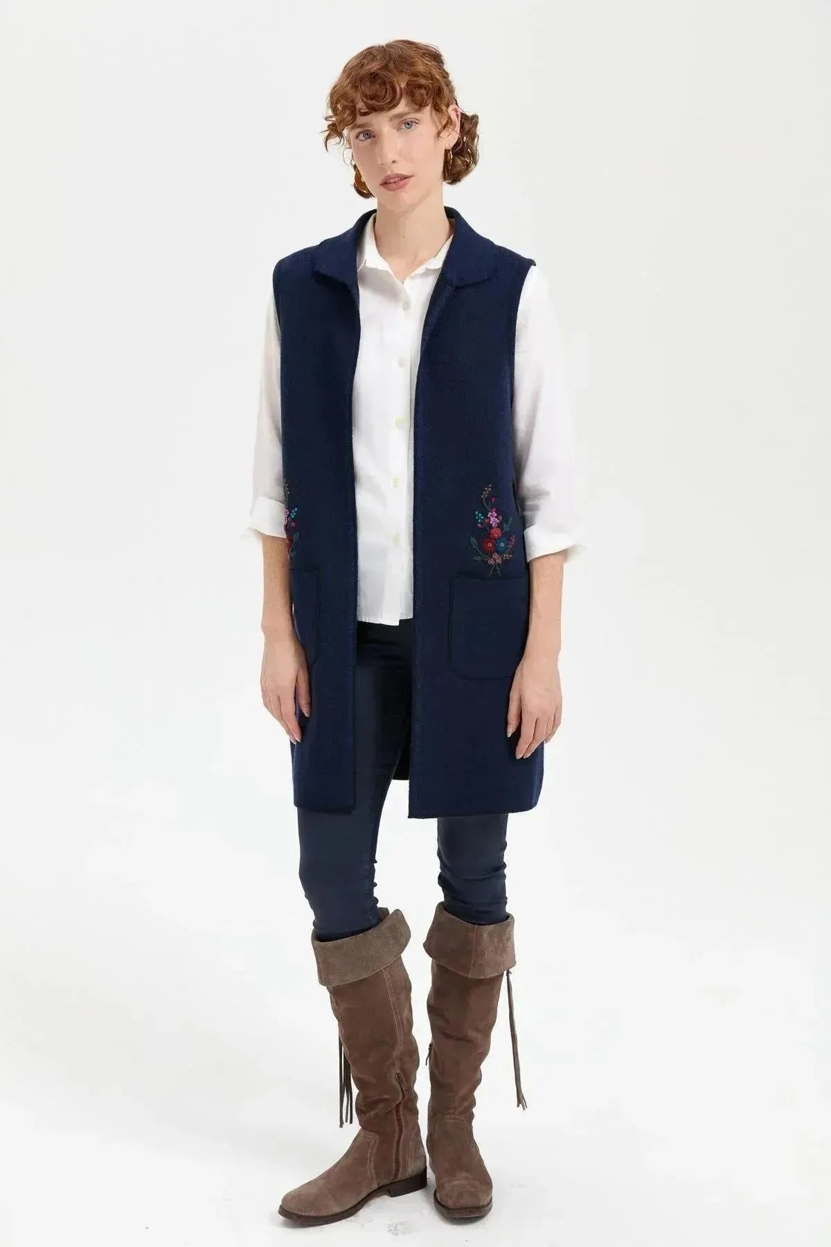 Women's Polo Collar Open Front Embroidered Long Wool Vest