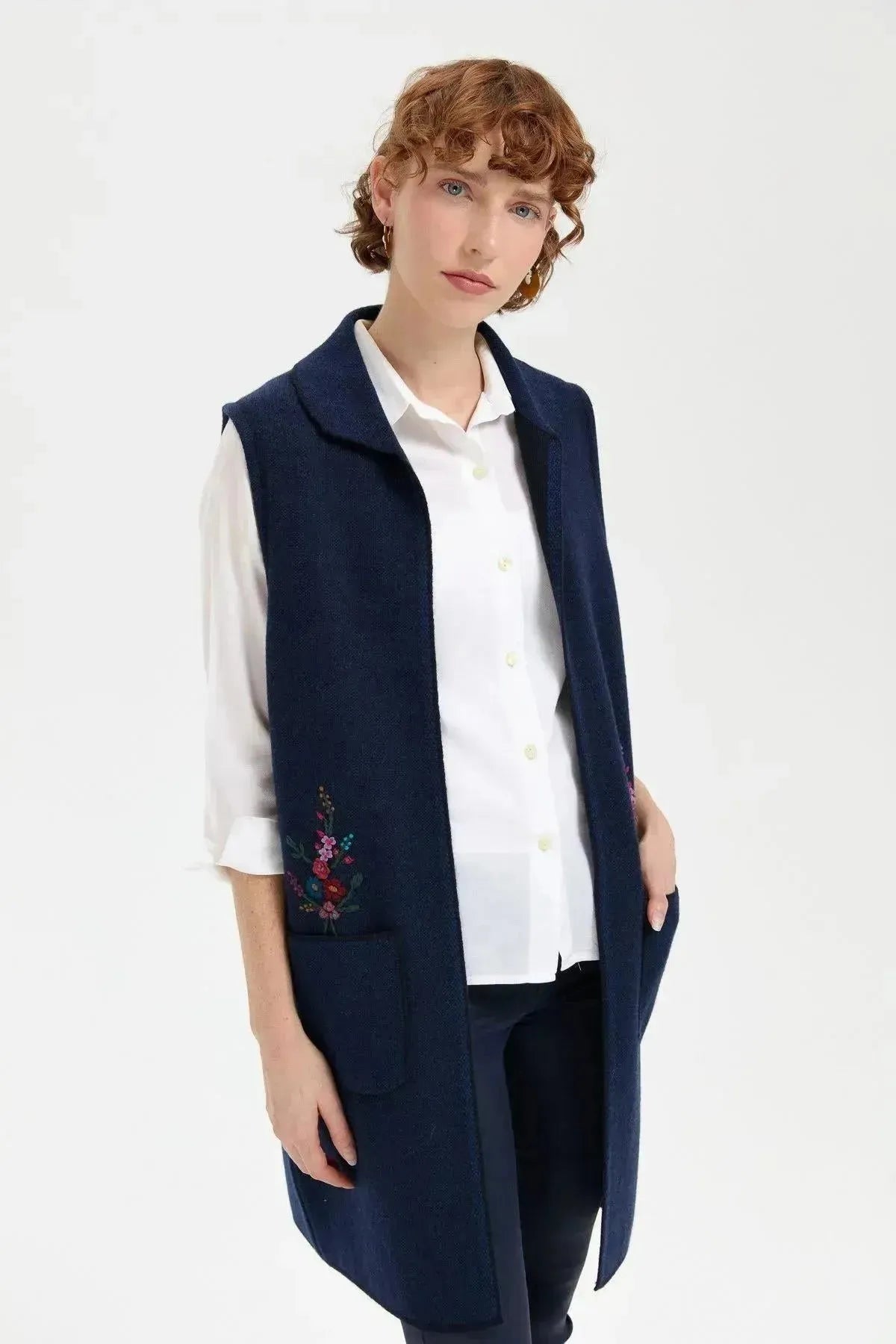 Women's Polo Collar Open Front Embroidered Long Wool Vest