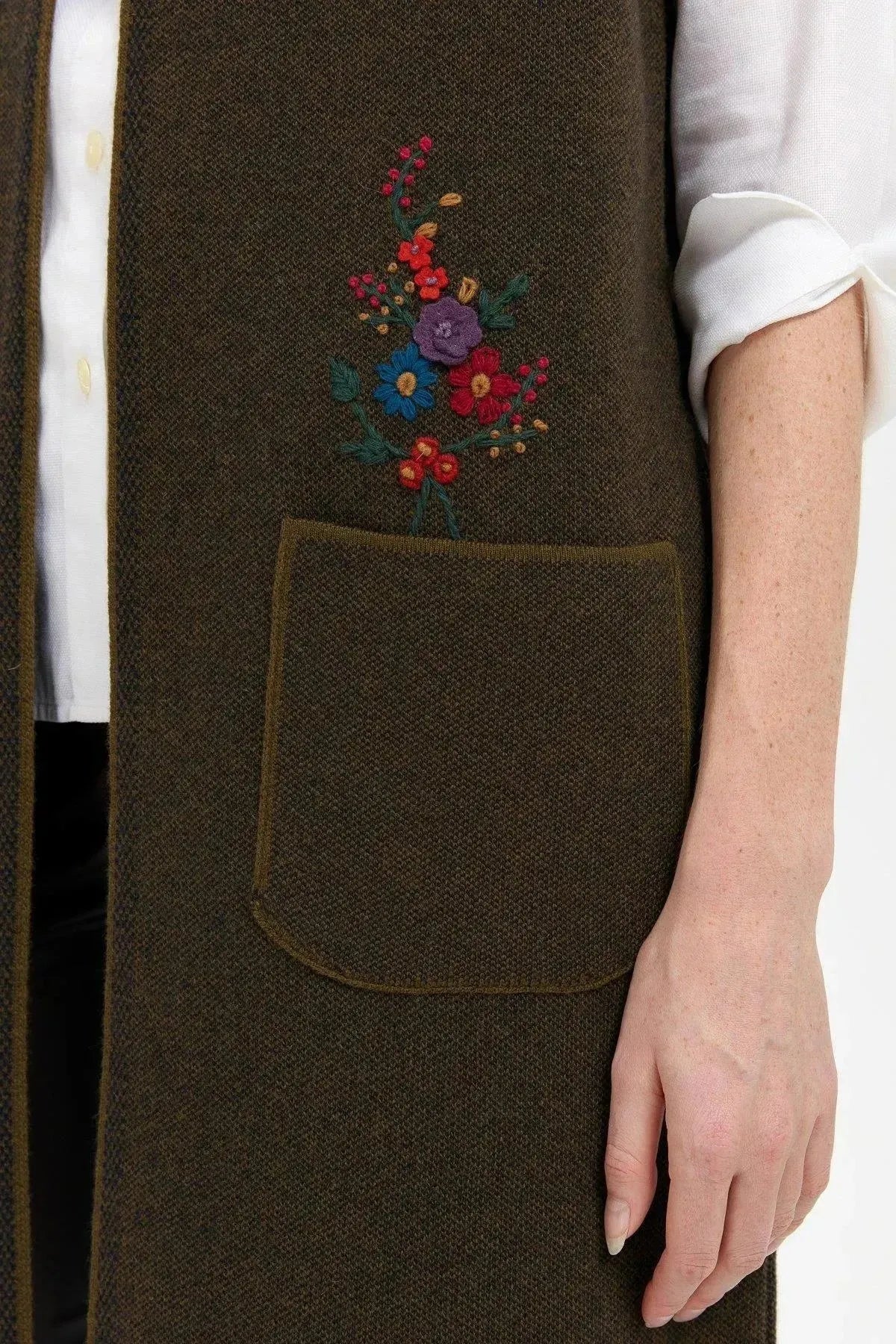 Women's Polo Collar Open Front Embroidered Long Wool Vest