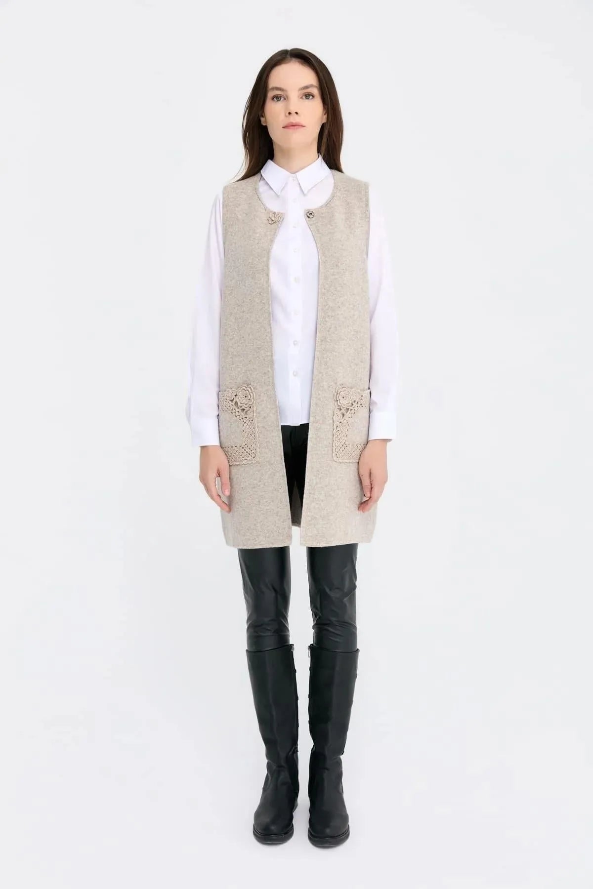 Zero Collar Open Front Pocket Rose Detailed Long Wool Vest