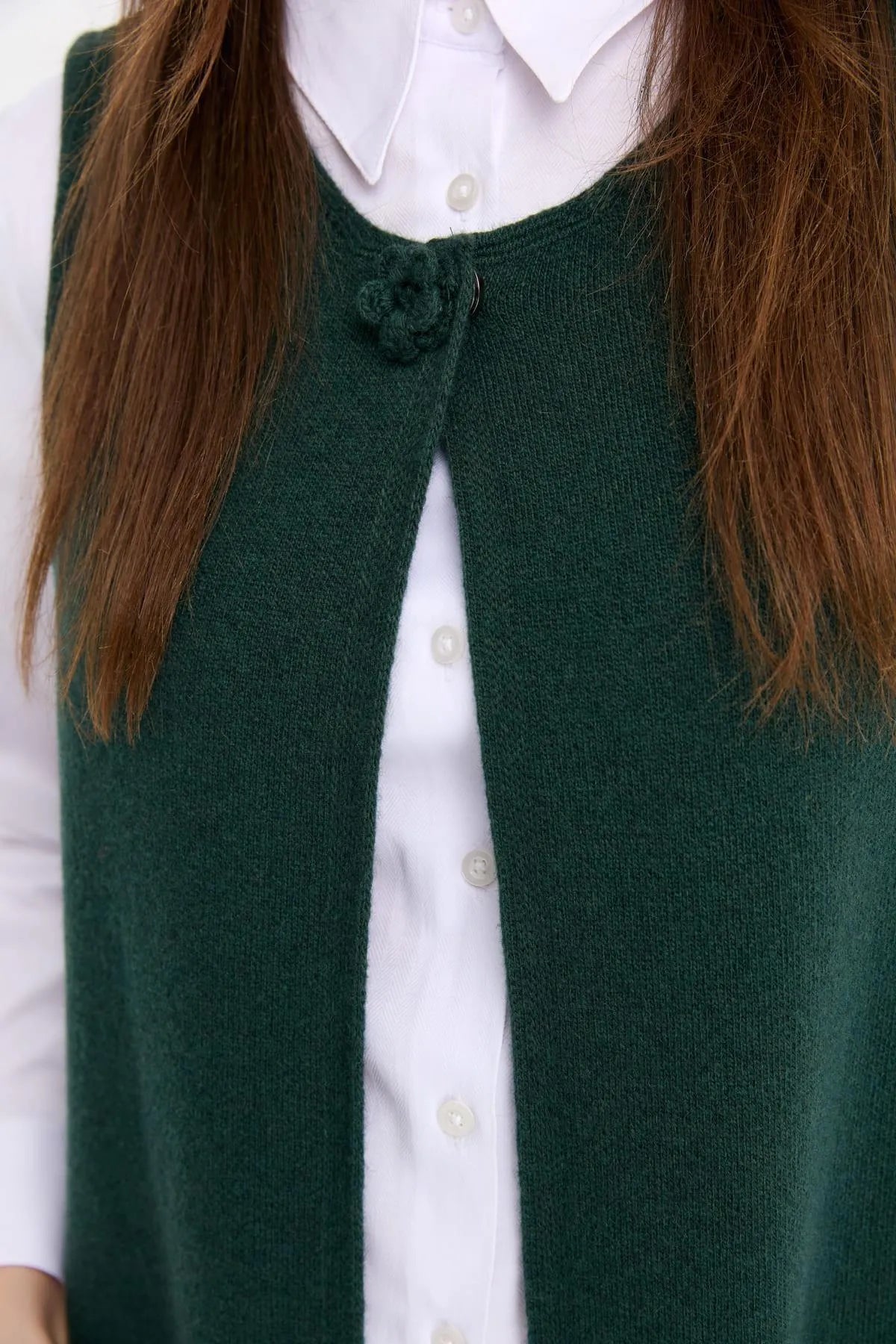 Zero Collar Open Front Pocket Rose Detailed Long Wool Vest