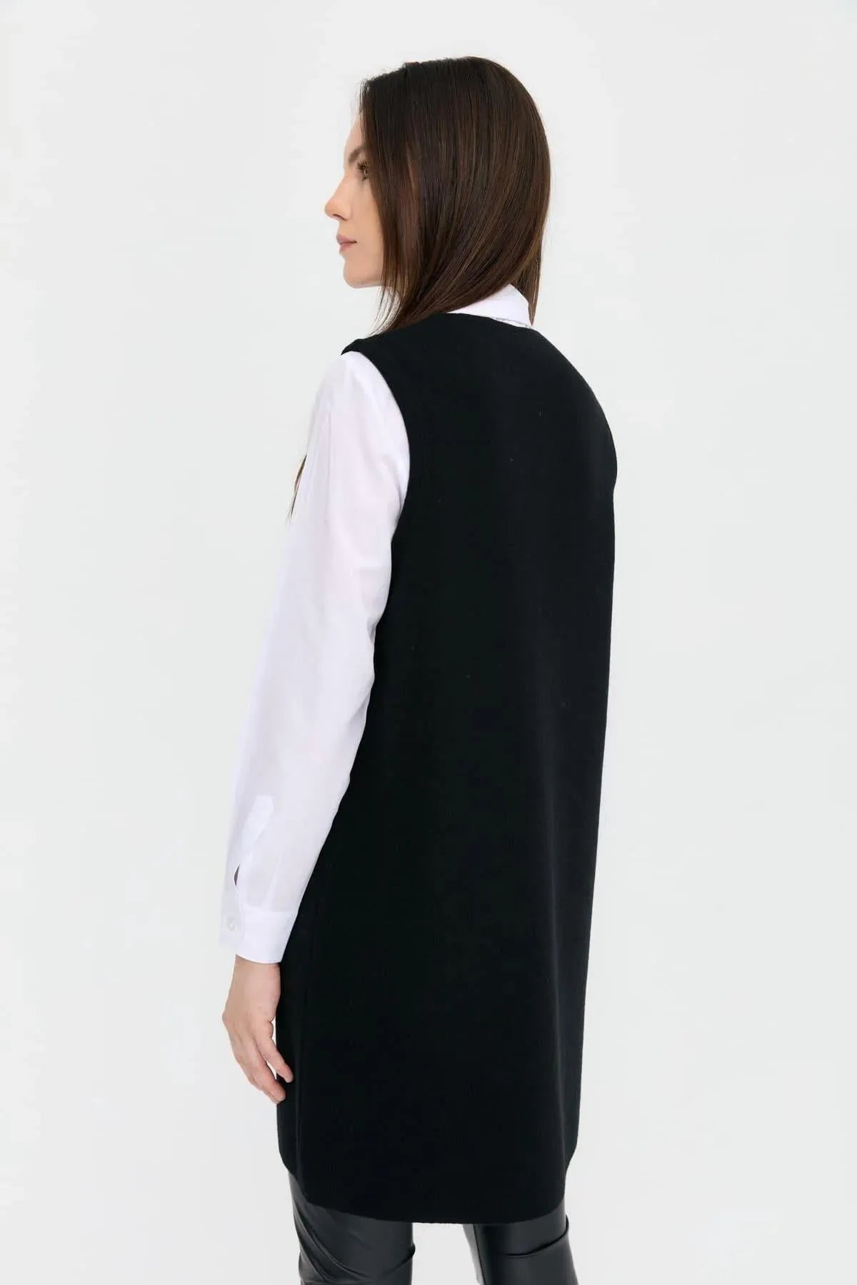 Zero Collar Open Front Pocket Rose Detailed Long Wool Vest