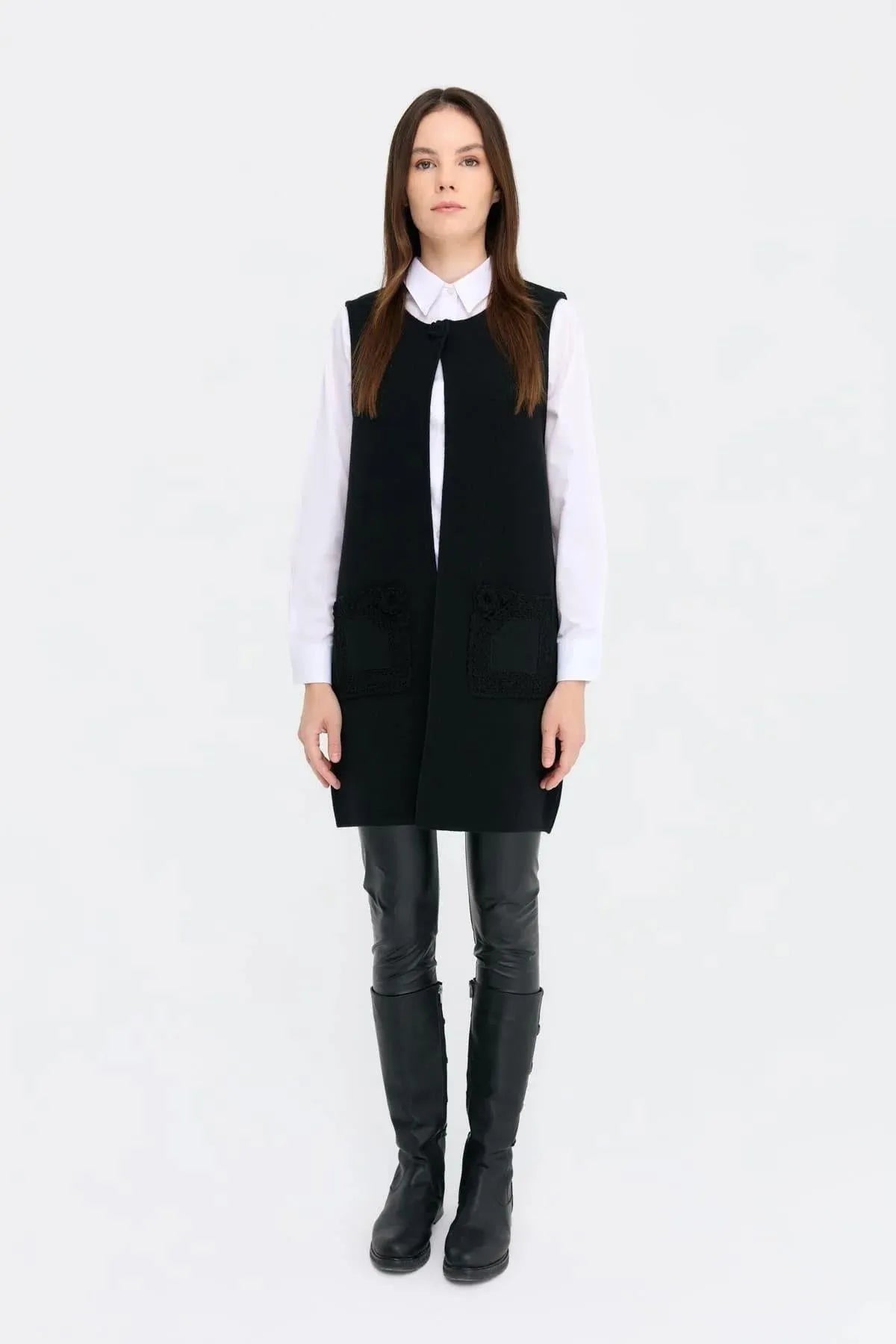 Zero Collar Open Front Pocket Rose Detailed Long Wool Vest