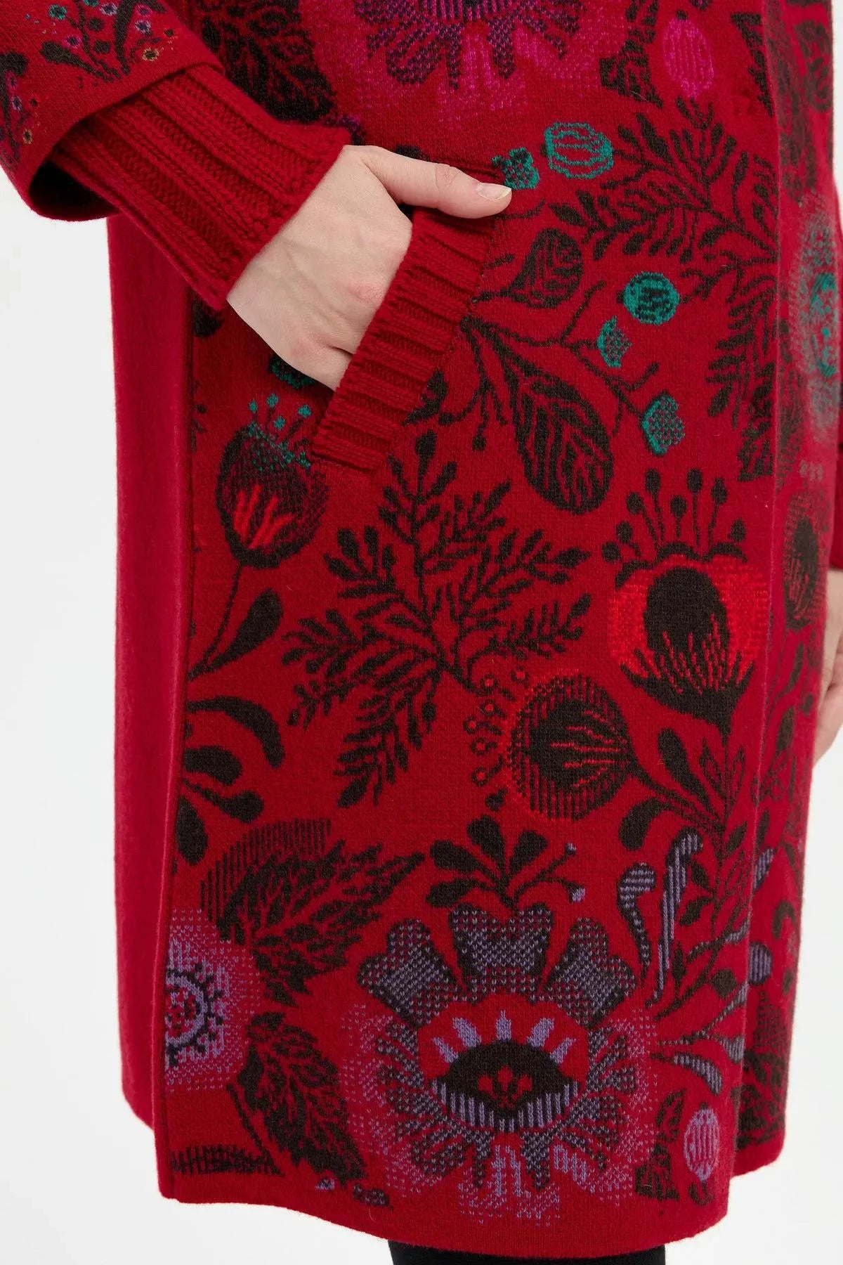 Long Wool Coat with Stand Collar and Colorful Floral Front