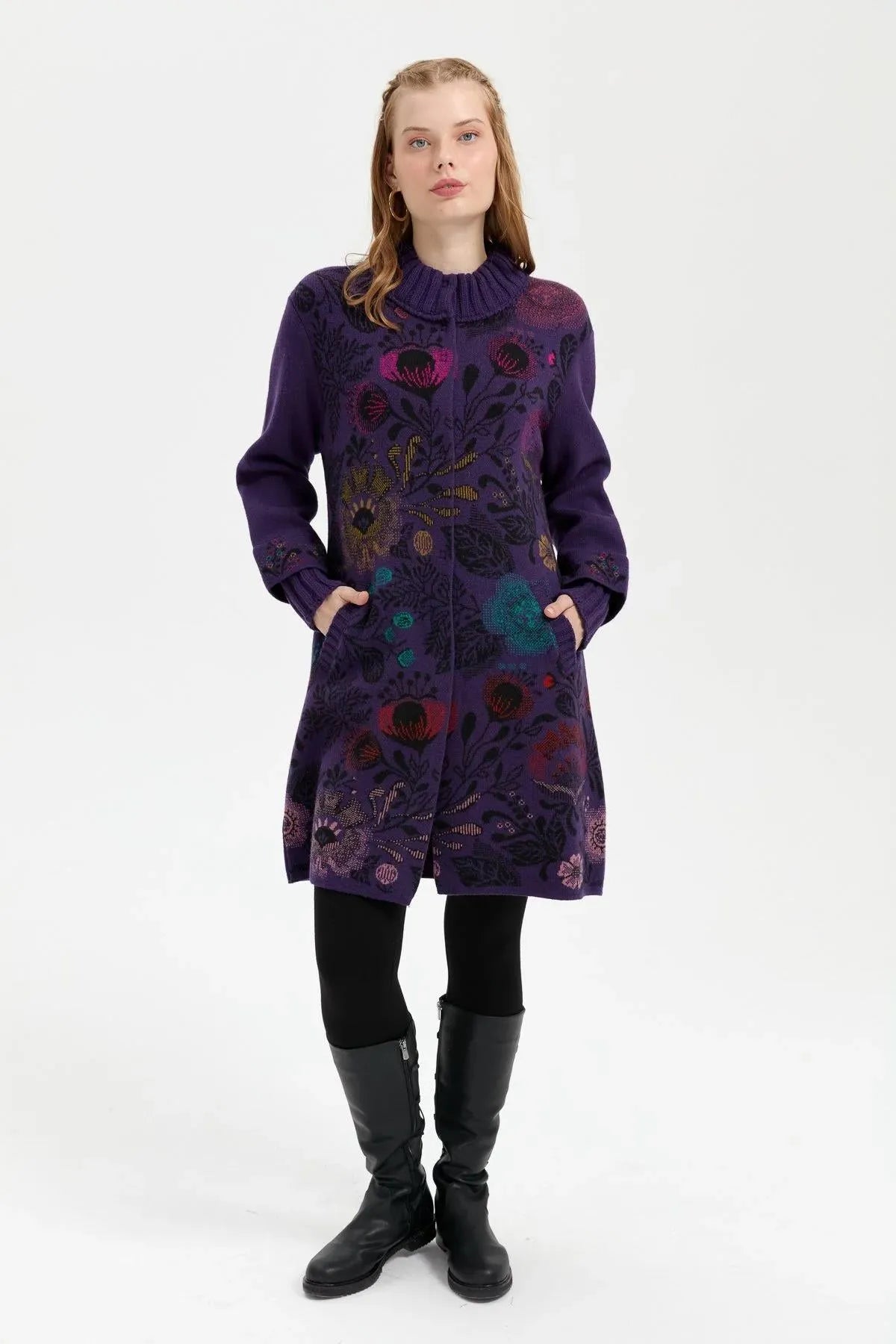 Long Wool Coat with Stand Collar and Colorful Floral Front