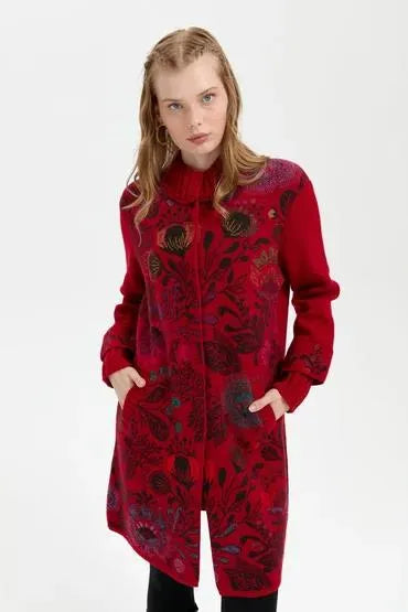 Long Wool Coat with Stand Collar and Colorful Floral Front