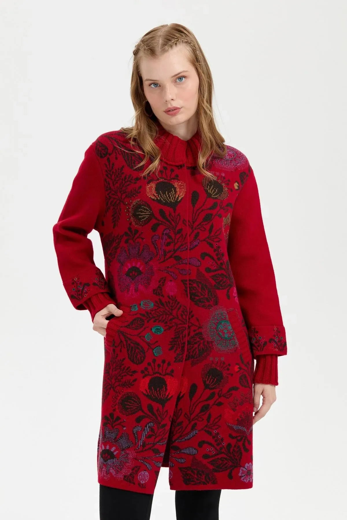 Long Wool Coat with Stand Collar and Colorful Floral Front