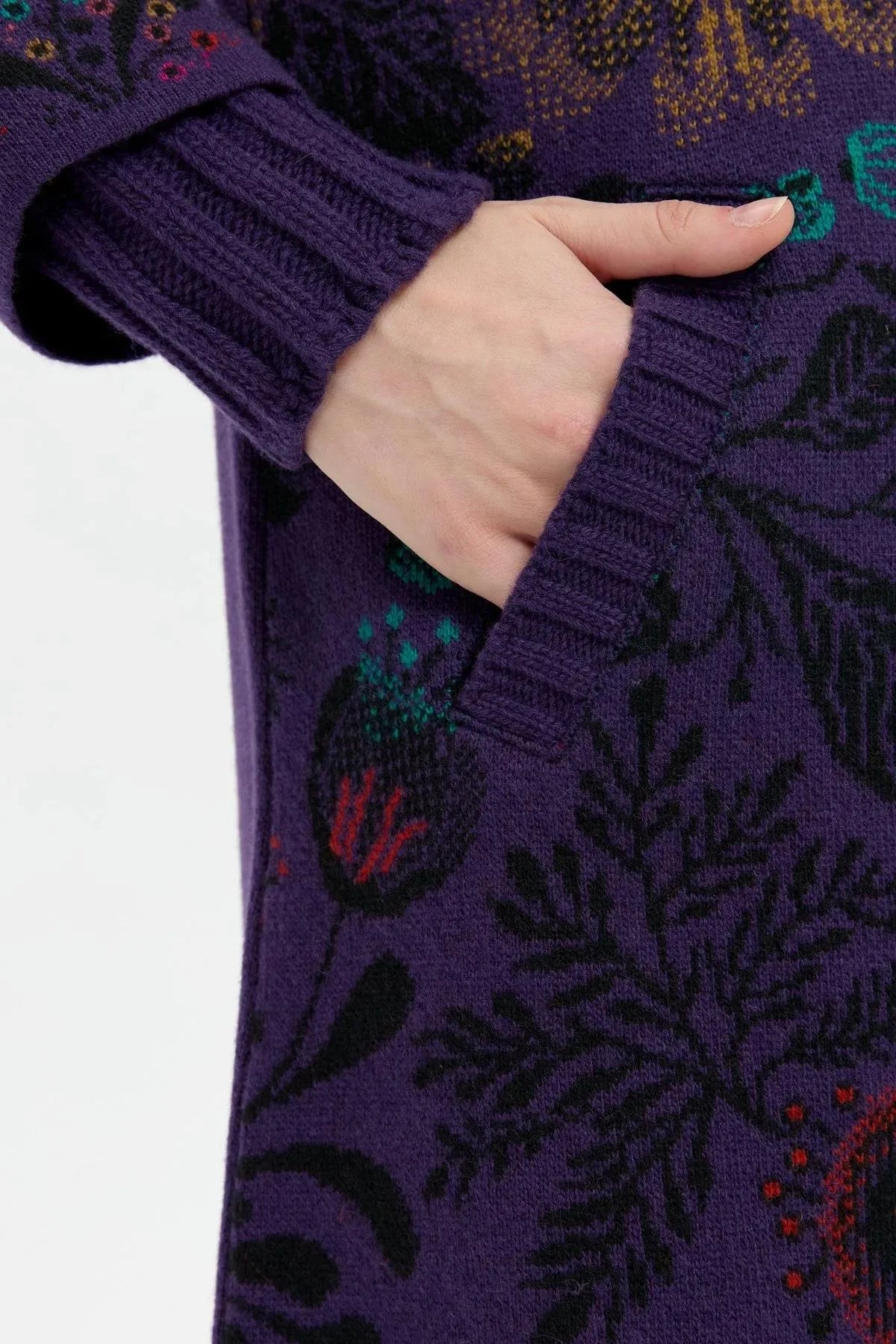 Long Wool Coat with Stand Collar and Colorful Floral Front