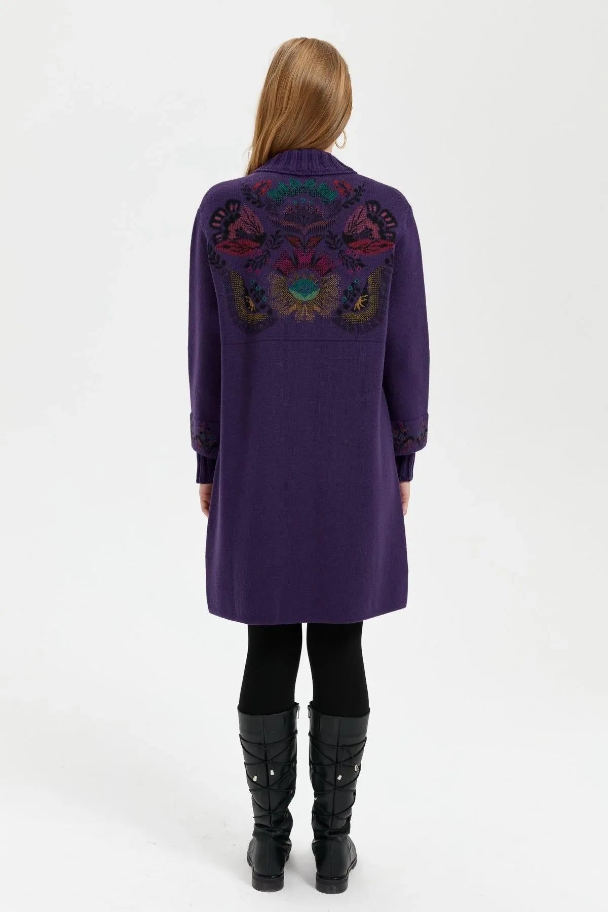 Long Wool Coat with Stand Collar and Colorful Floral Front