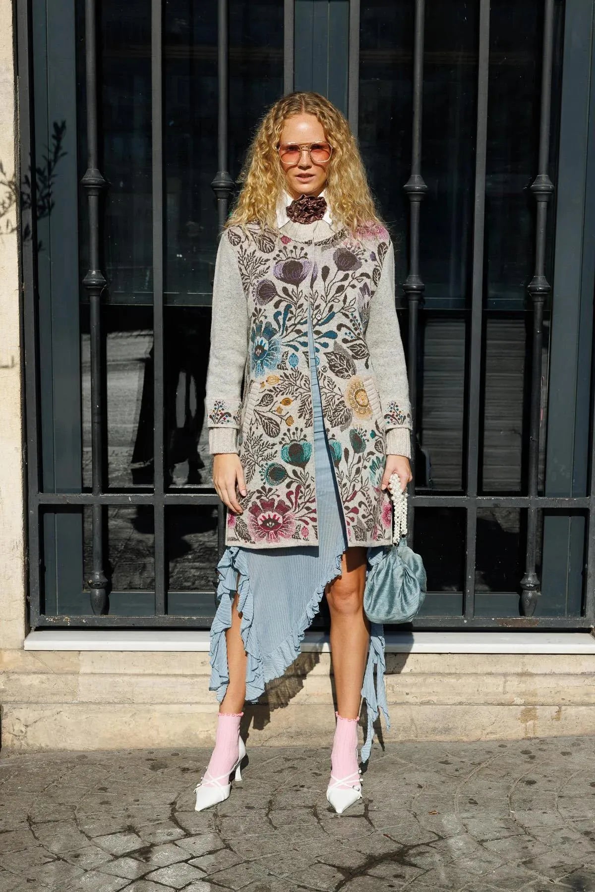 Long Wool Coat with Stand Collar and Colorful Floral Front