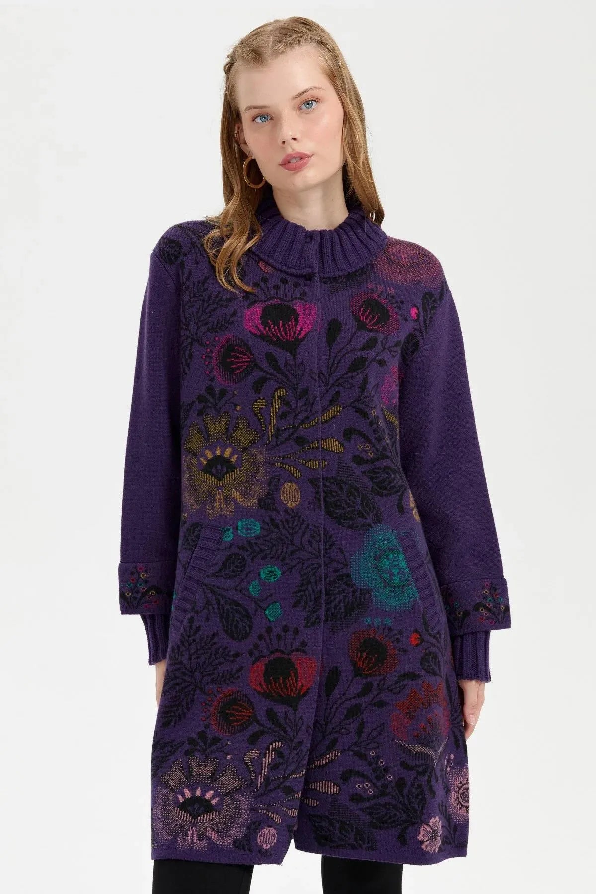 Long Wool Coat with Stand Collar and Colorful Floral Front