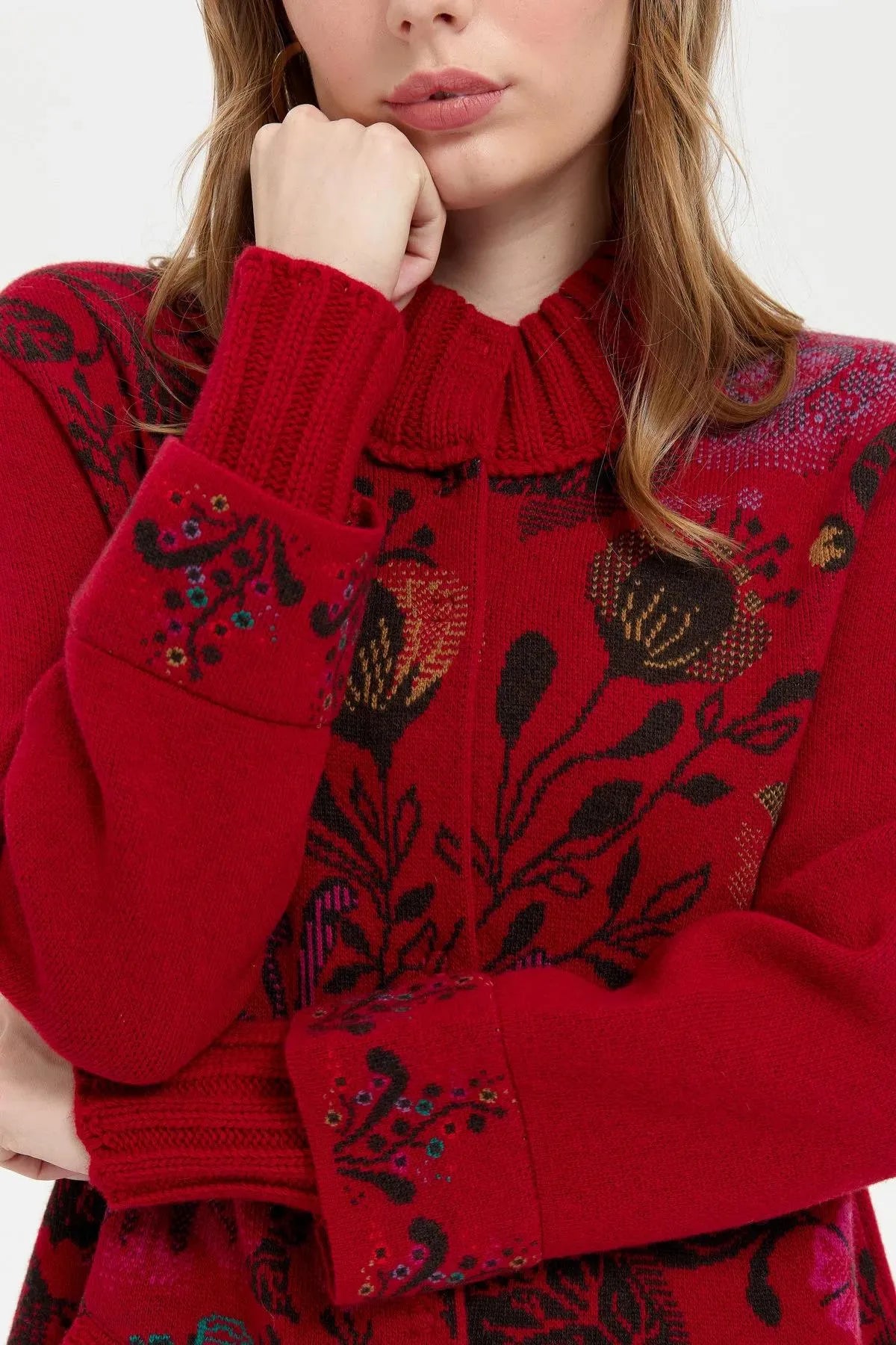 Long Wool Coat with Stand Collar and Colorful Floral Front