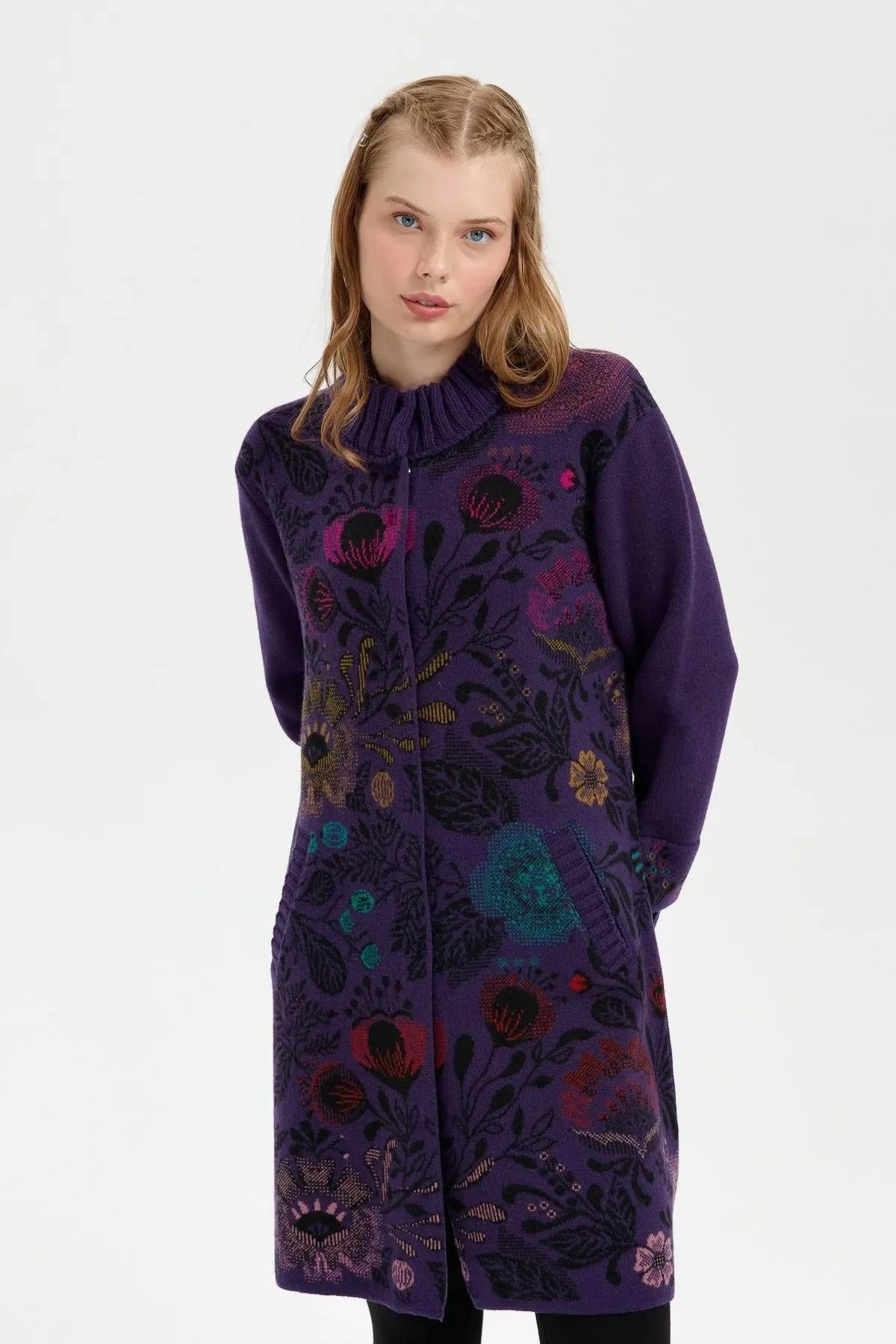 Long Wool Coat with Stand Collar and Colorful Floral Front