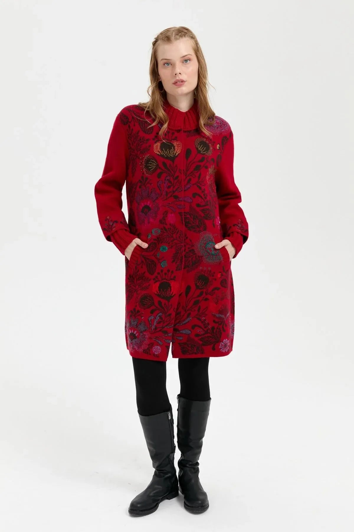 Long Wool Coat with Stand Collar and Colorful Floral Front