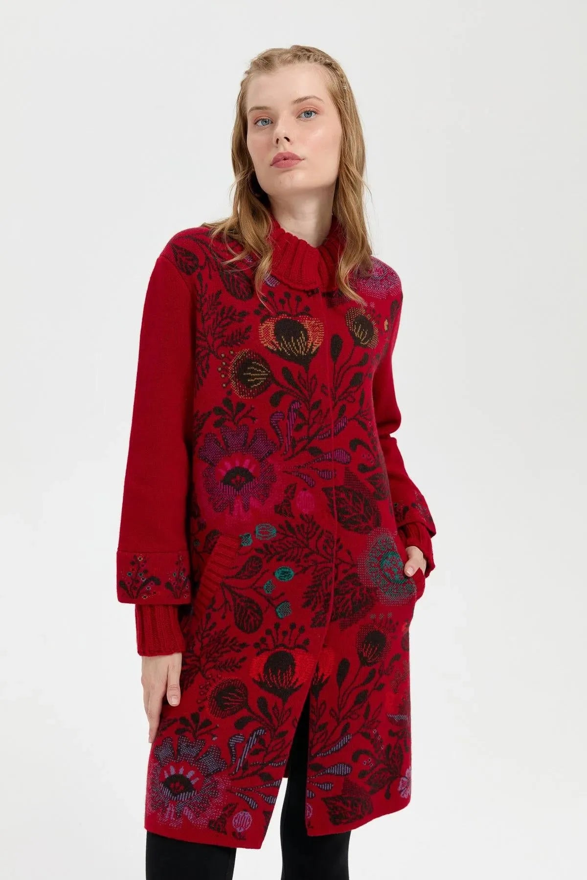 Long Wool Coat with Stand Collar and Colorful Floral Front