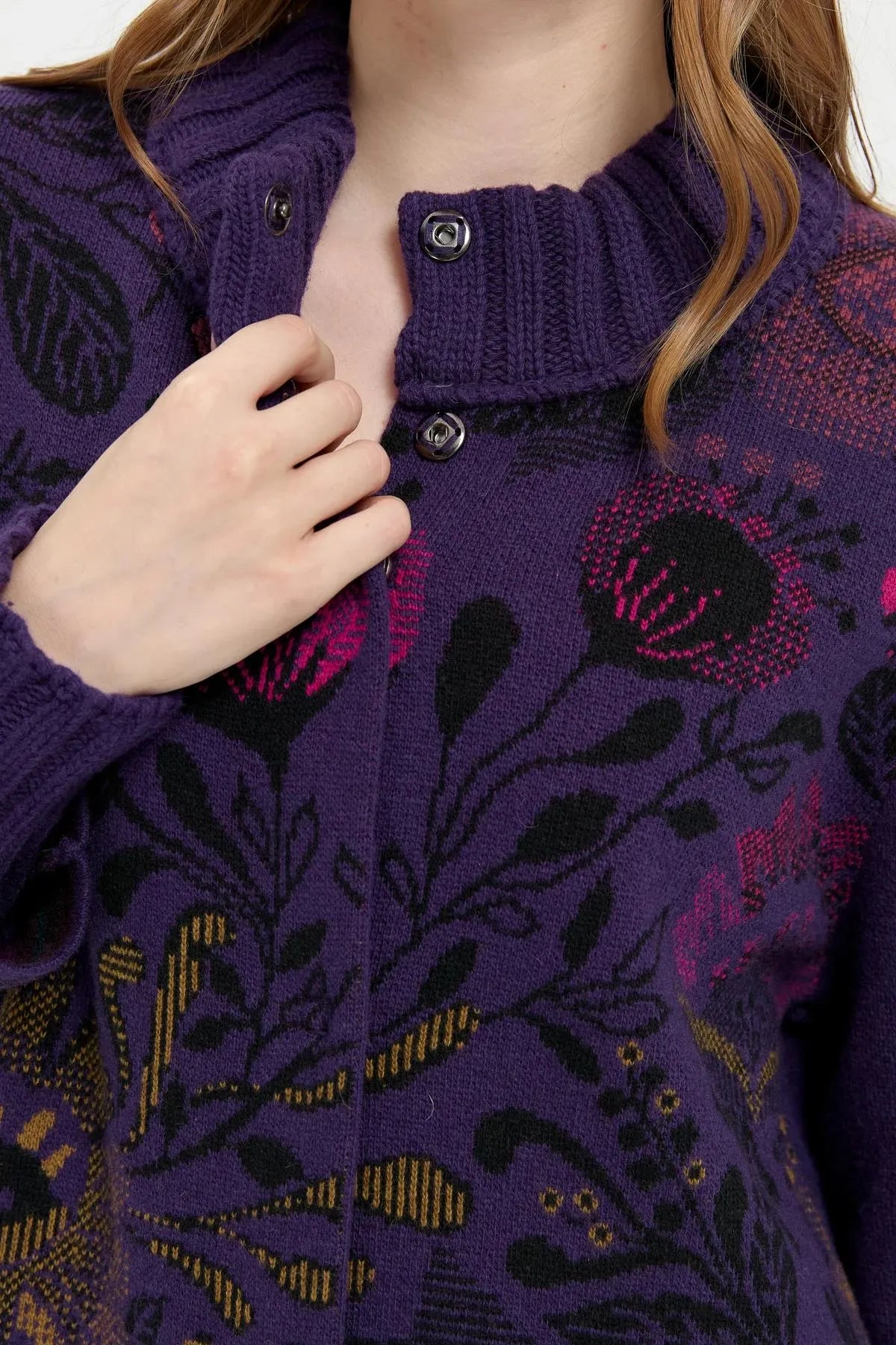 Long Wool Coat with Stand Collar and Colorful Floral Front