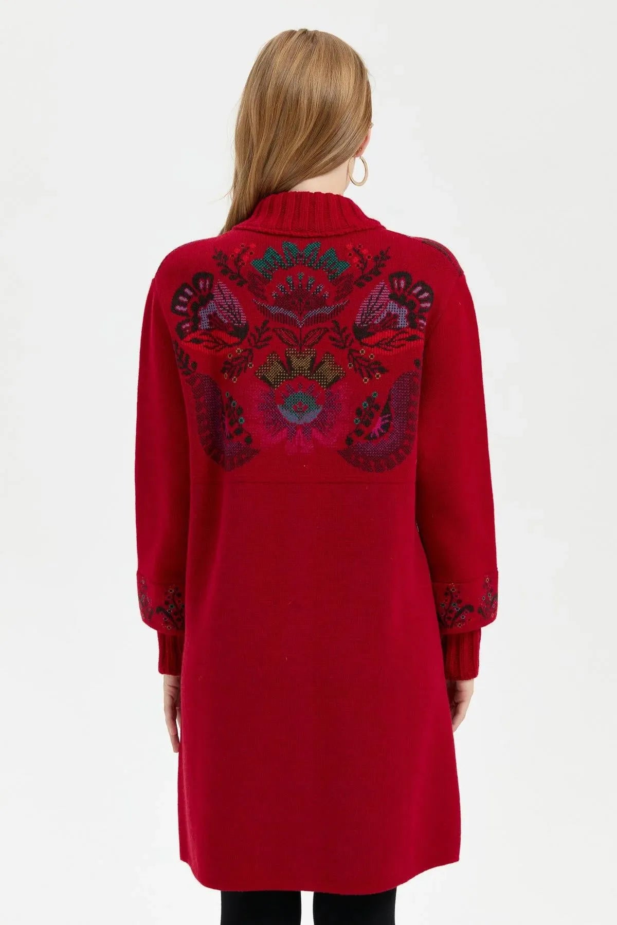 Long Wool Coat with Stand Collar and Colorful Floral Front