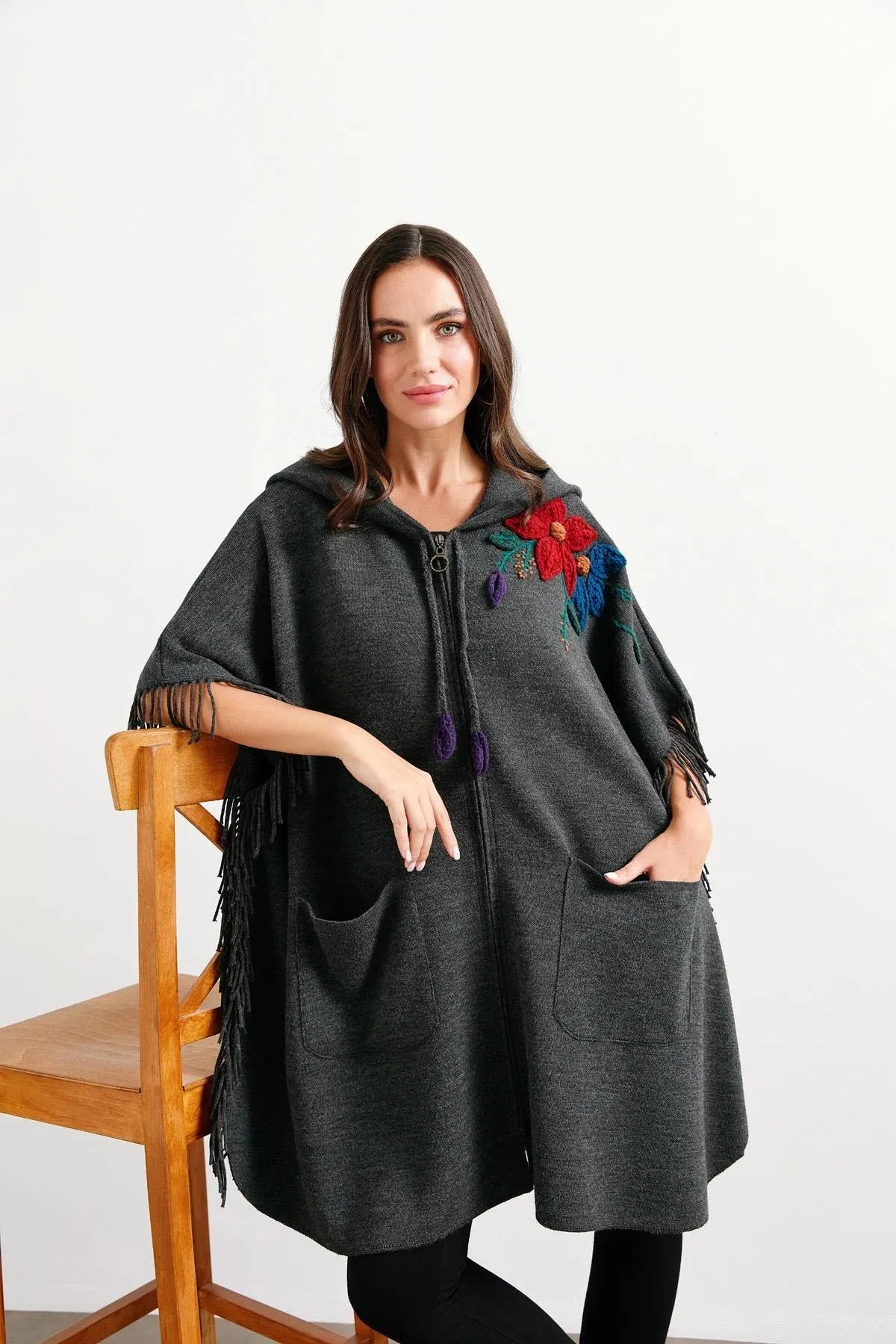 Hooded Shoulder Flower Embroidered Poncho